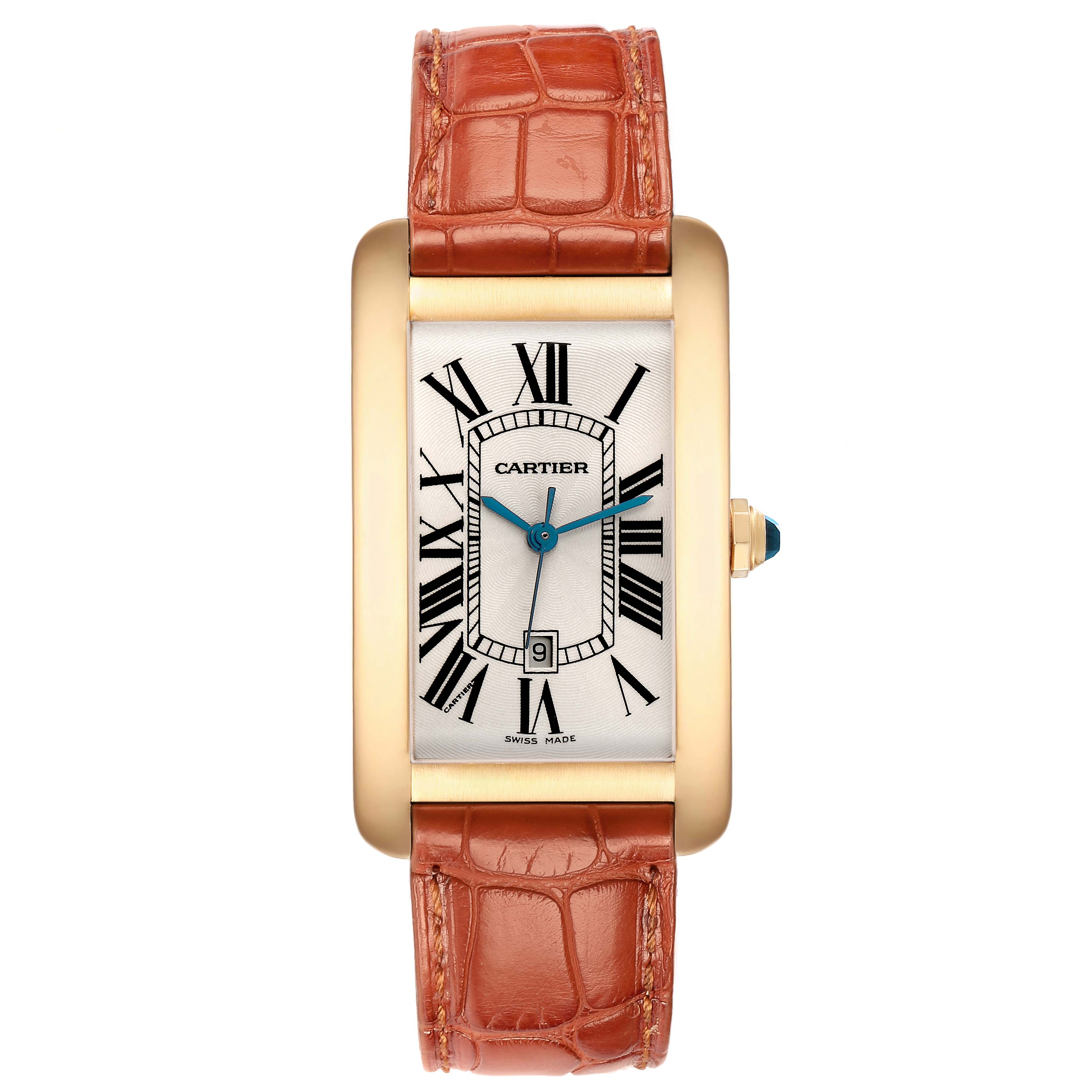 The Cartier Tank Americaine W2603156 Men
s Yellow Gold Silver Dial watch is shown from a top view, displaying its rectangular case, dial with Roman numerals, and leather strap.