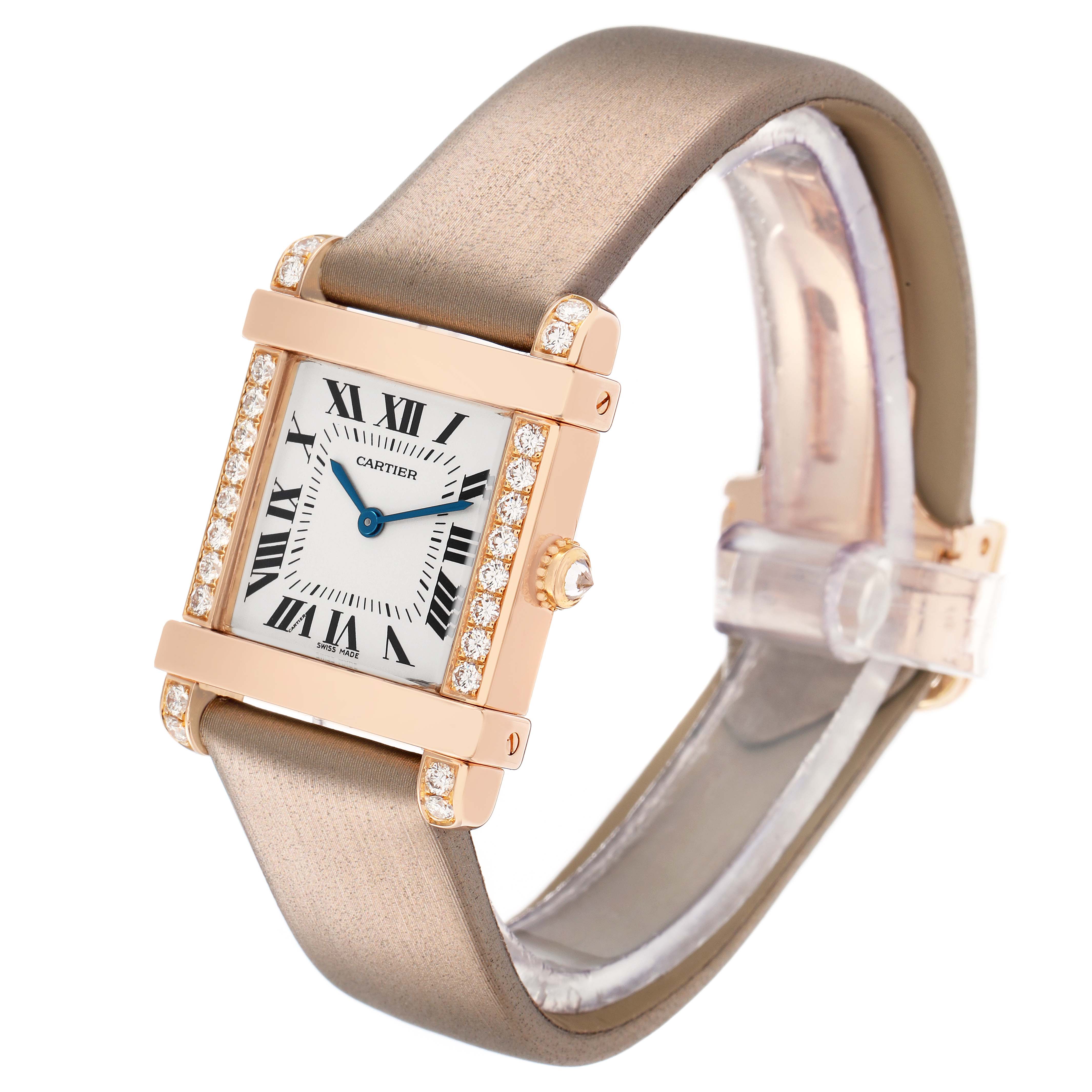 The image shows a Cartier Tank Louis WE300131 Women
s Rose Gold Silver Dial watch at a slight angle, displaying the face, bezel, diamond accents, and strap.
