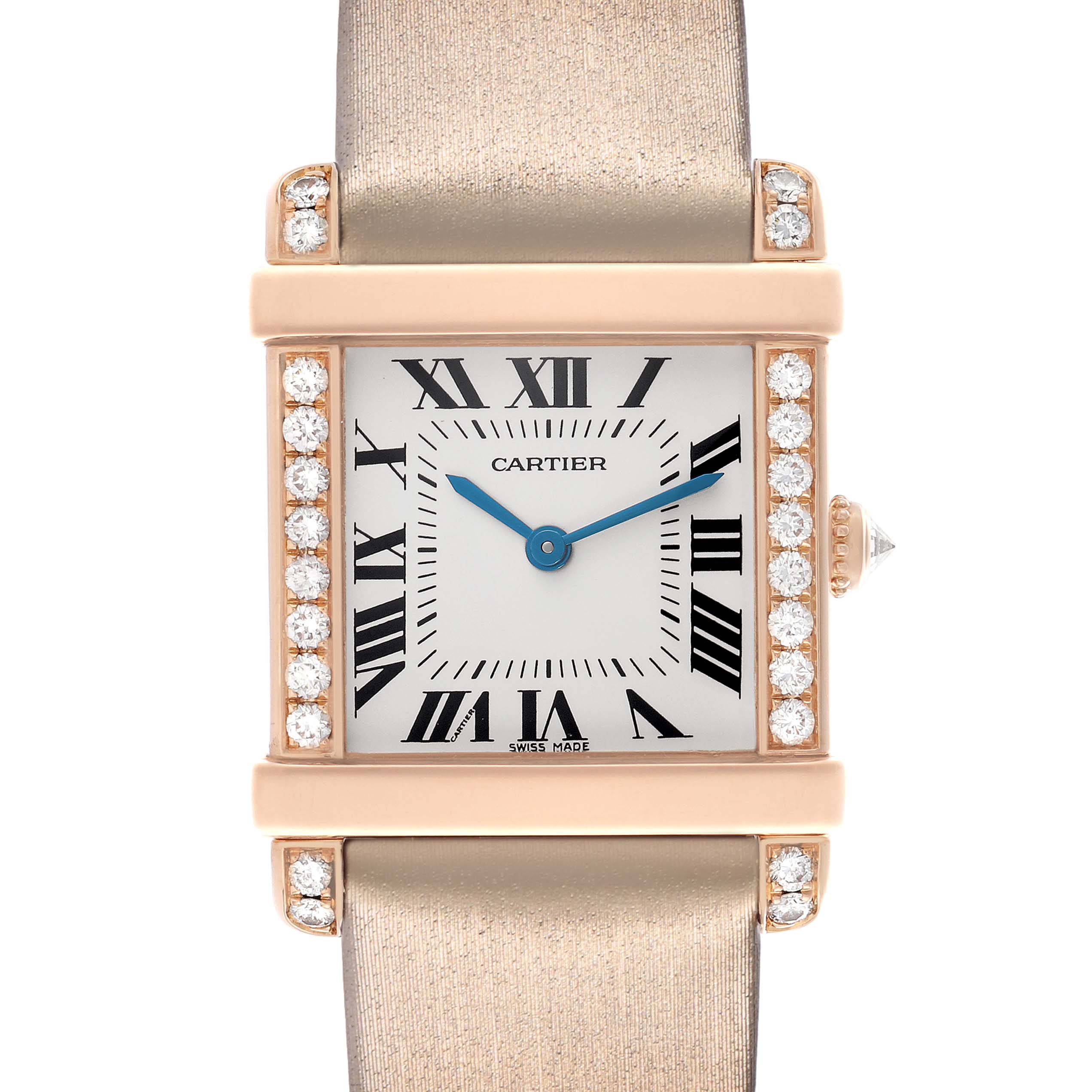 The Cartier Tank Louis WE300131 Women
s Rose Gold Silver Dial watch is shown from the front, highlighting its diamond-set bezel and Roman numeral dial.