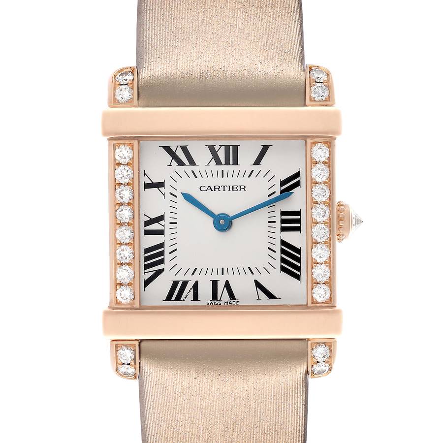 The Cartier Tank Louis WE300131 Women's Rose Gold Silver Dial watch is shown from the front, highlighting its diamond-set bezel and Roman numeral dial.