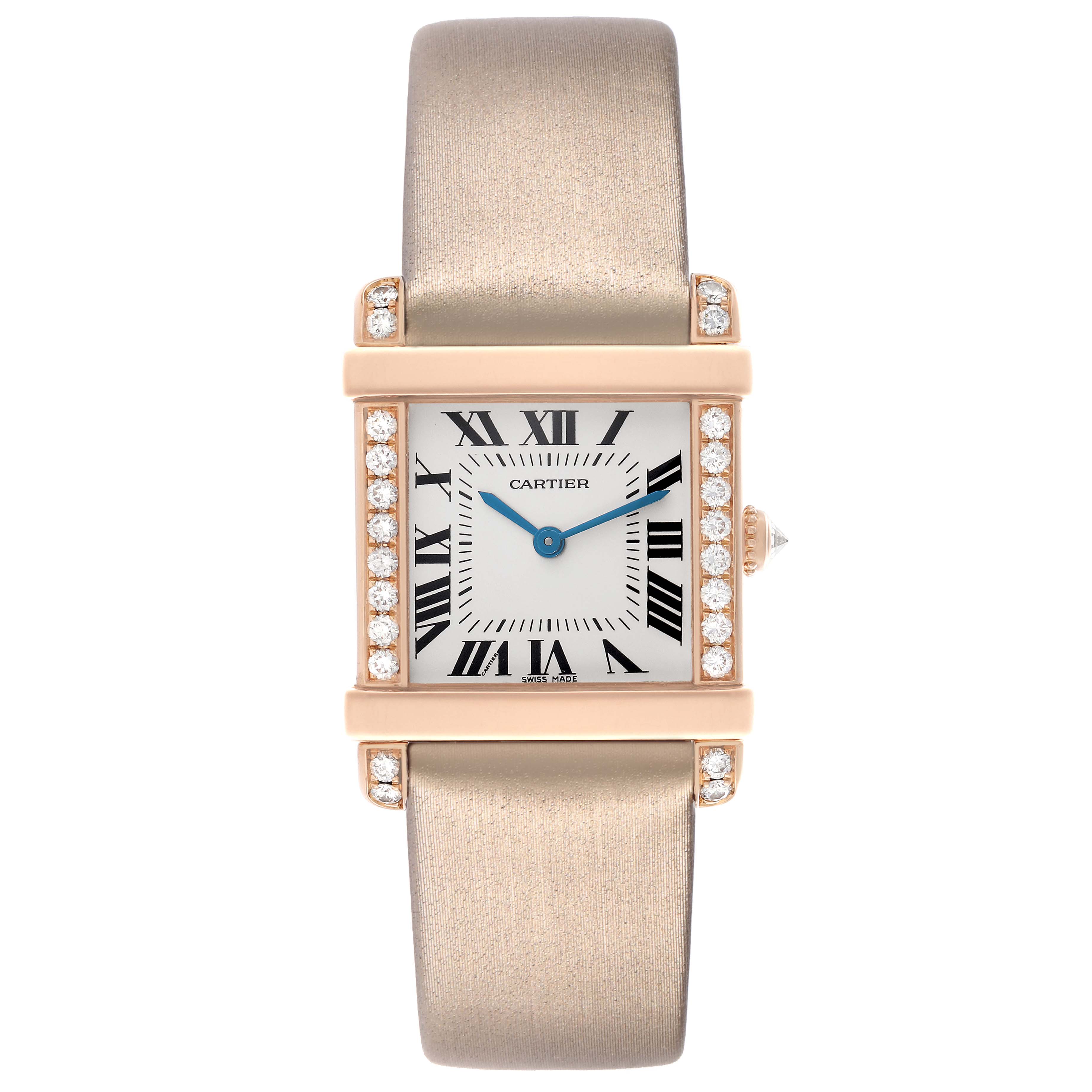 The Cartier Tank Louis WE300131 Women
s Rose Gold Silver Dial watch is shown from the front, highlighting its face, case, and strap details.