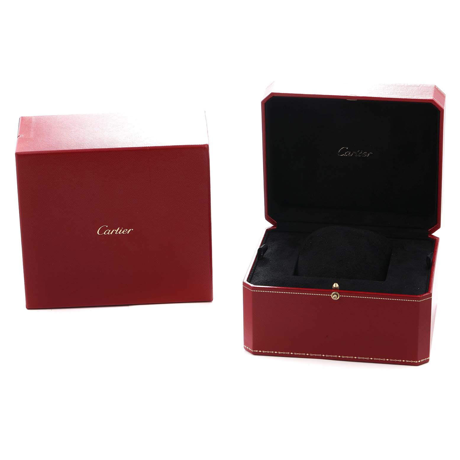 The image shows a red Cartier box for the Tank Louis model, with the box open and closed.