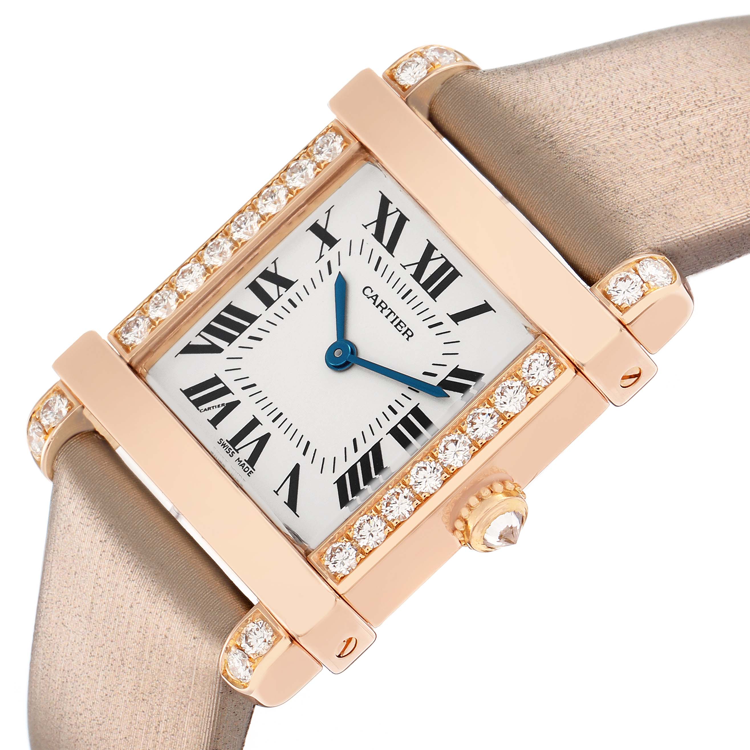 The Cartier Tank Louis WE300131 Women
s Rose Gold Silver Dial watch is shown from an angled view, highlighting its diamond-set bezel, crown, and strap.