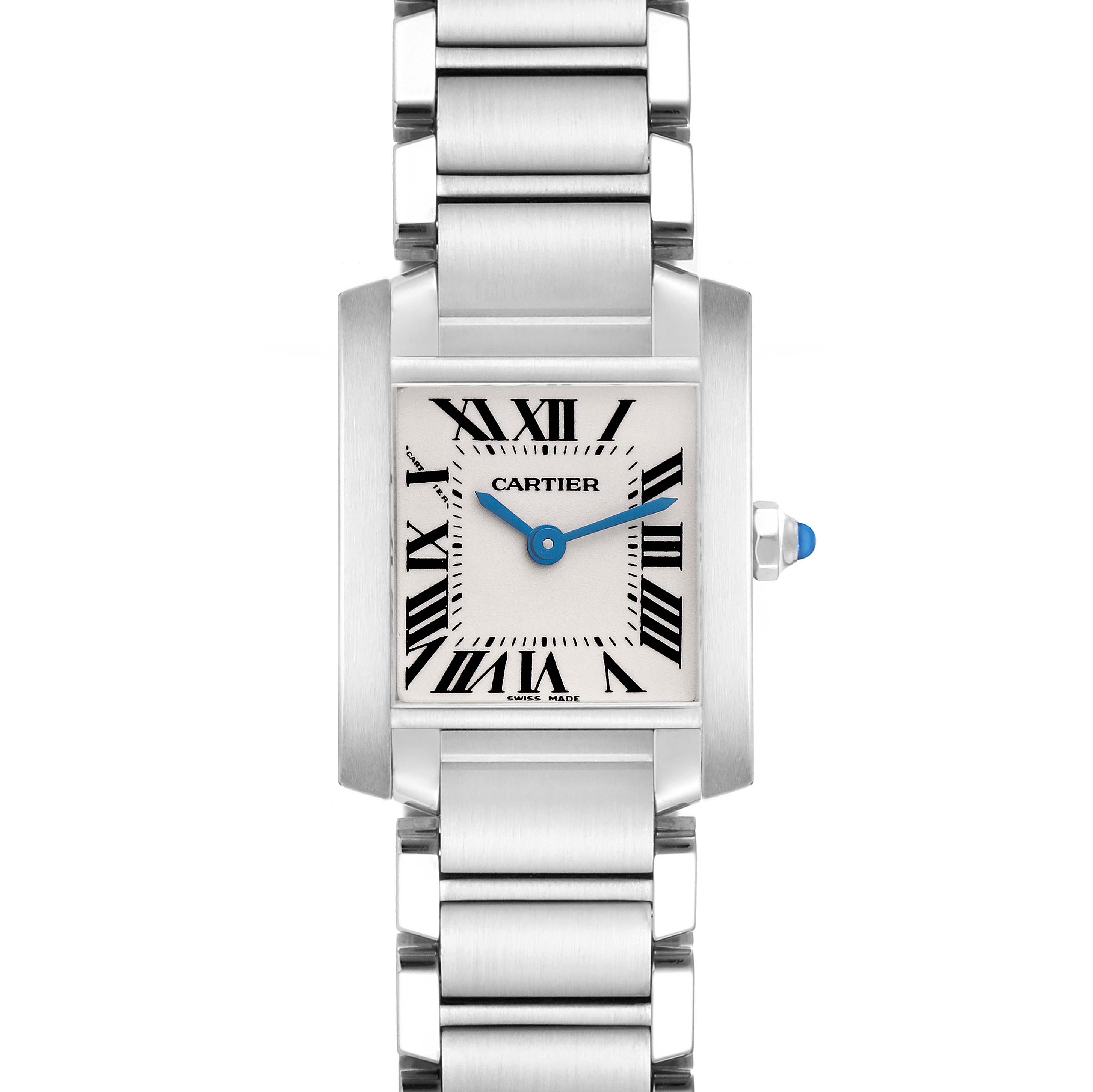 The Cartier Tank Française watch is shown from the front, featuring its face, Roman numerals, hands, and metal bracelet.