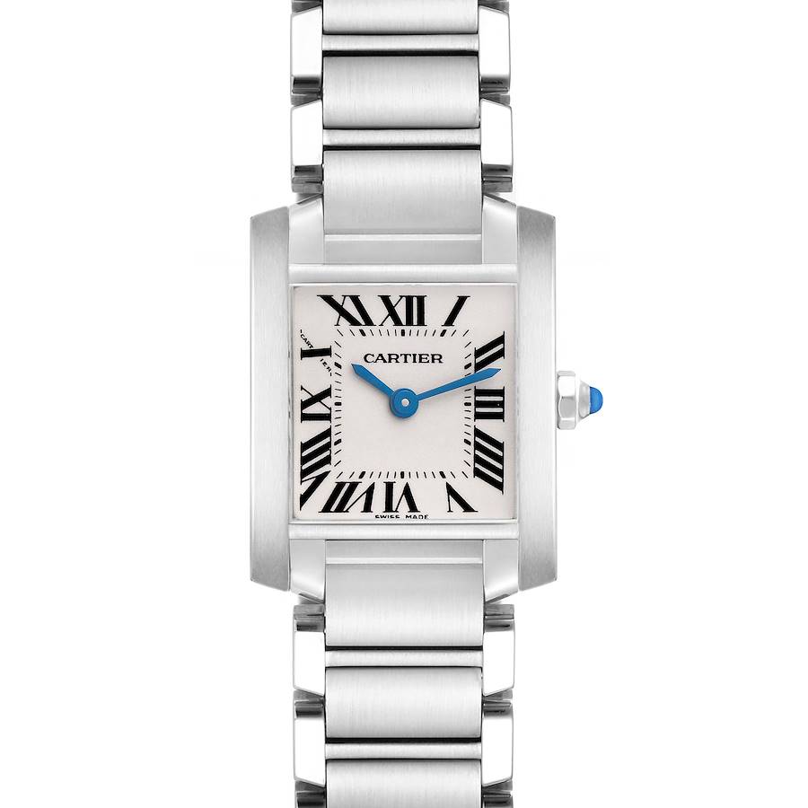 The Cartier Tank Française watch is shown from the front, featuring its face, Roman numerals, hands, and metal bracelet.