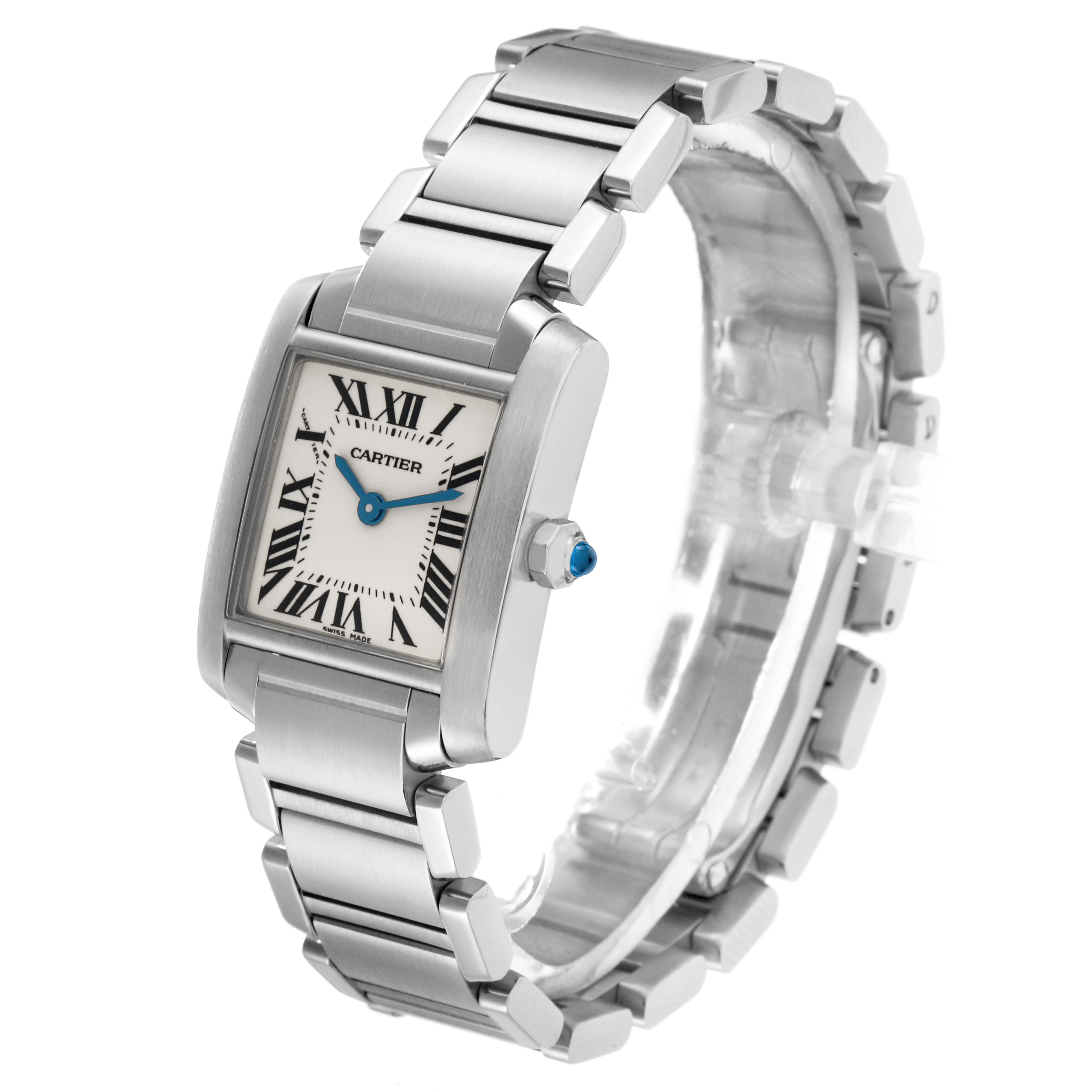 The Cartier Tank Francaise W51008Q3 Women
s Stainless Steel Silver Dial watch is shown at a three-quarter angle, highlighting the face, crown, and bracelet.