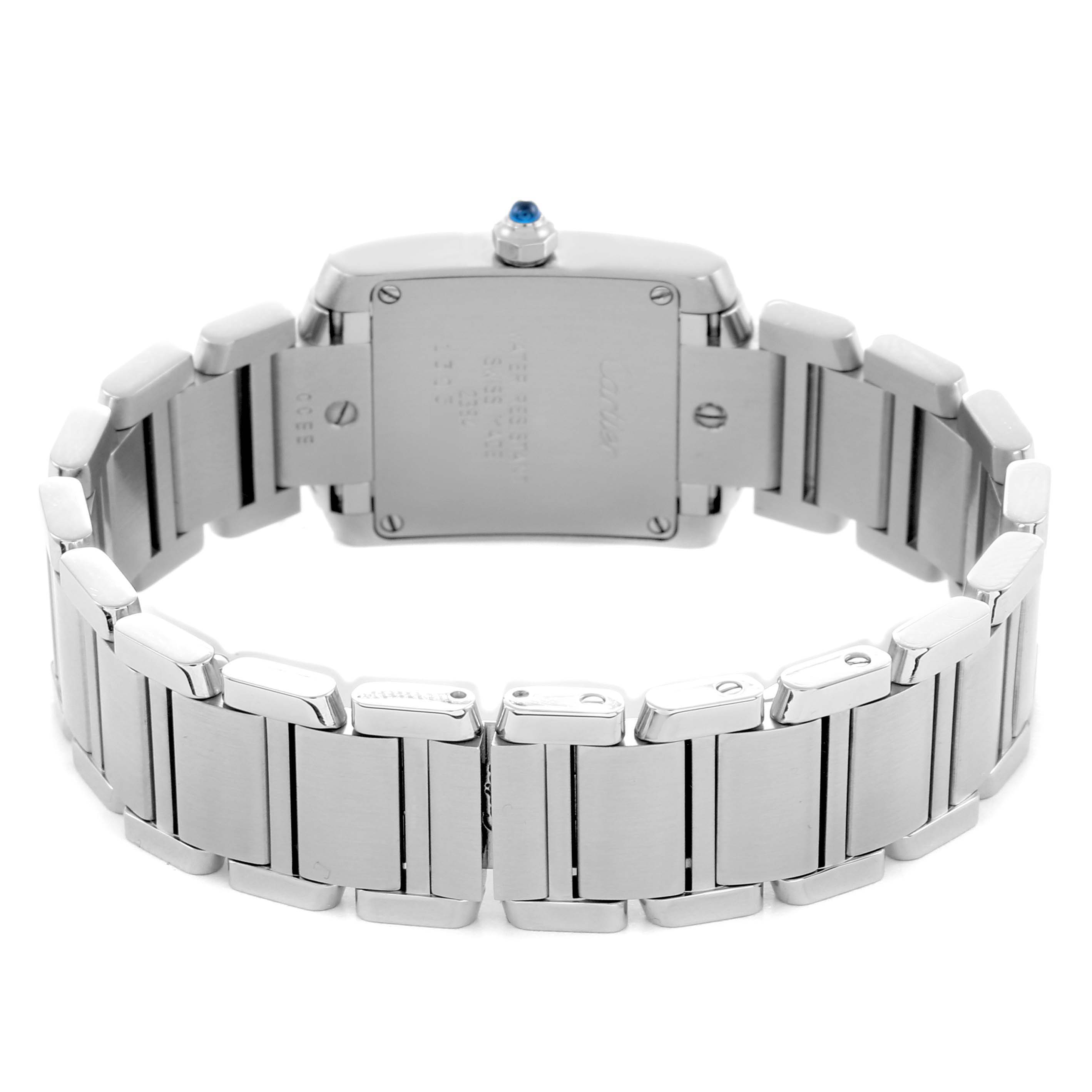 The Cartier Tank Française watch is shown from the back, highlighting the bracelet and case back details.