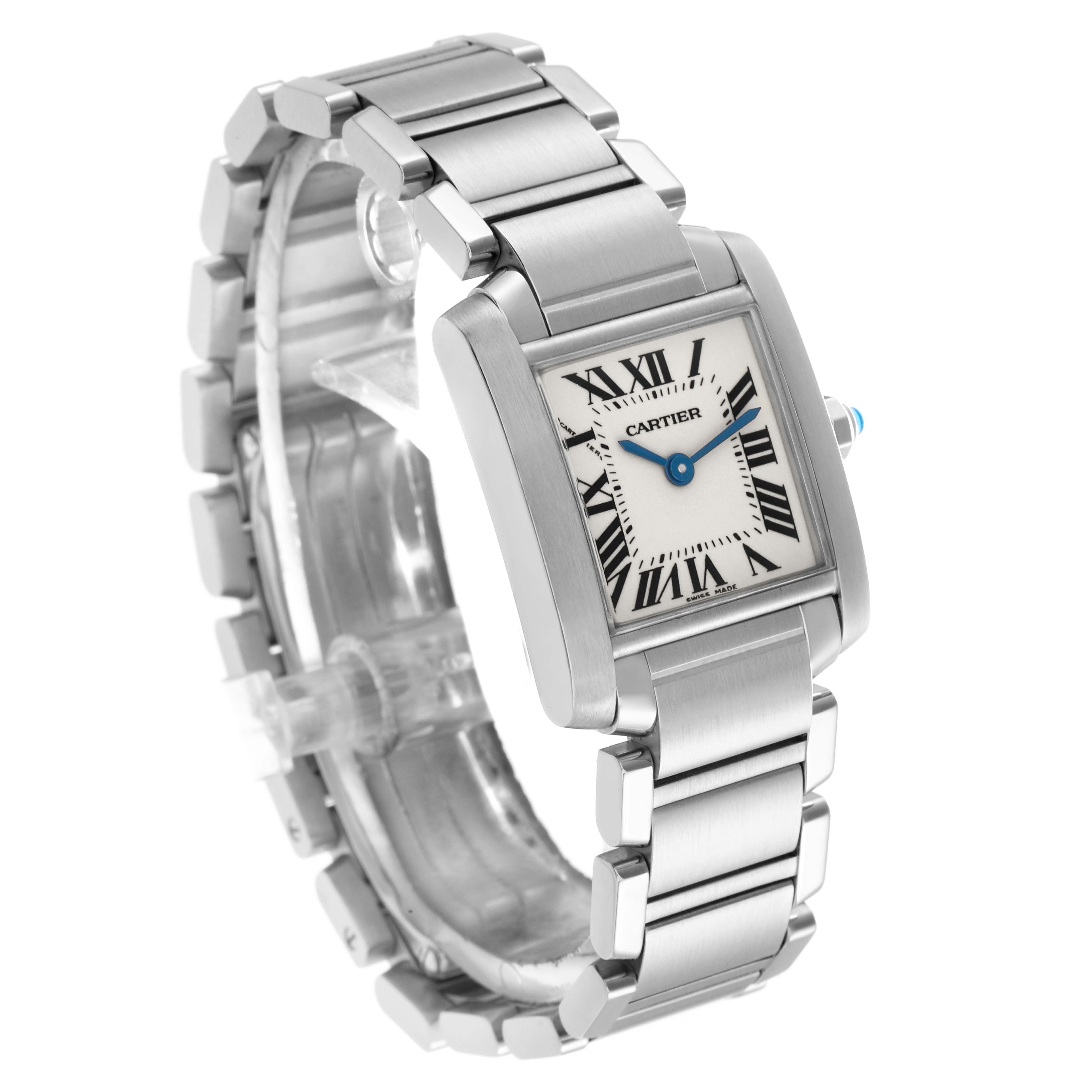 The Cartier Tank Française watch is shown at a three-quarter angle, highlighting the case, dial, and stainless steel bracelet.