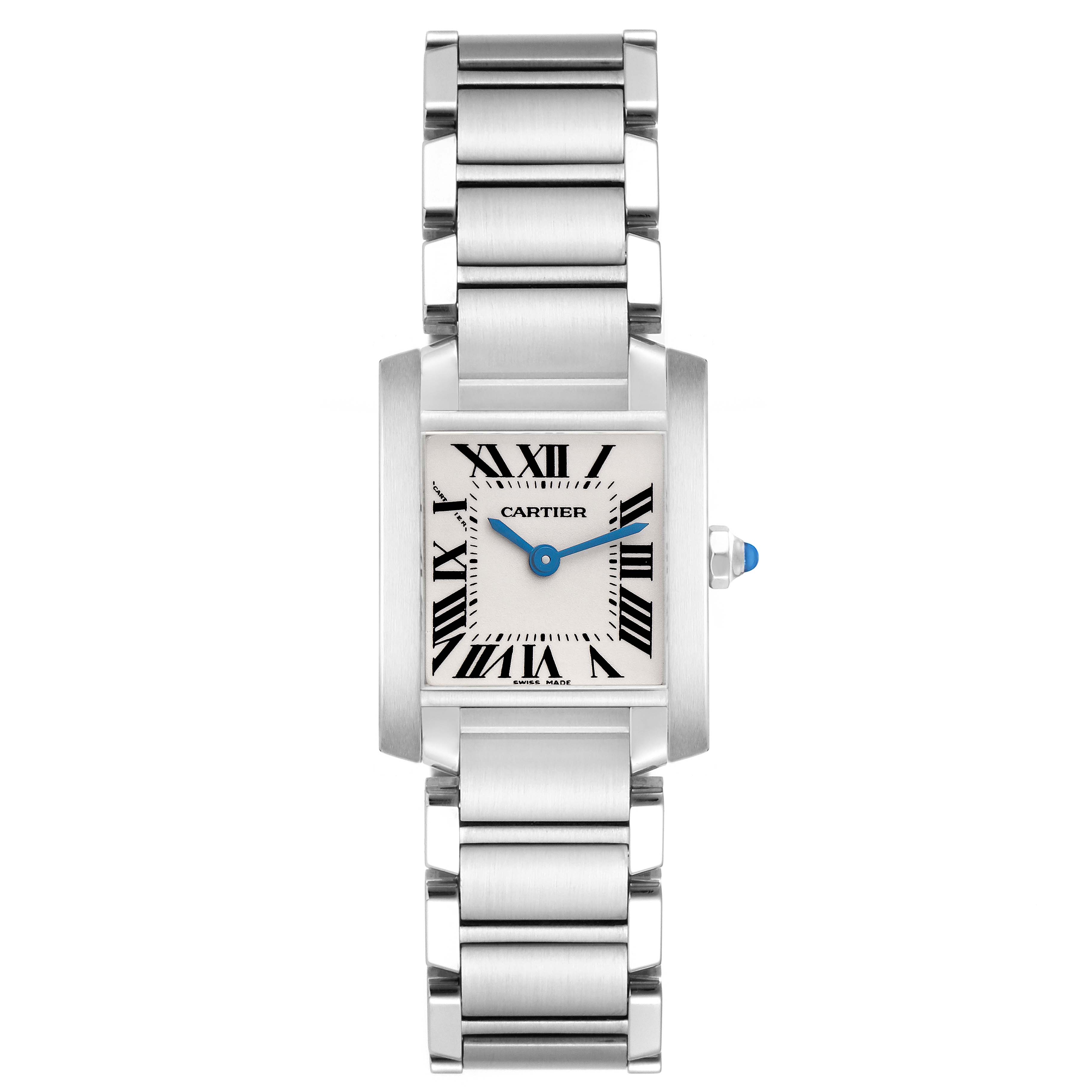The Cartier Tank Française watch is shown from a front angle, highlighting the face, Roman numerals, and metal bracelet.