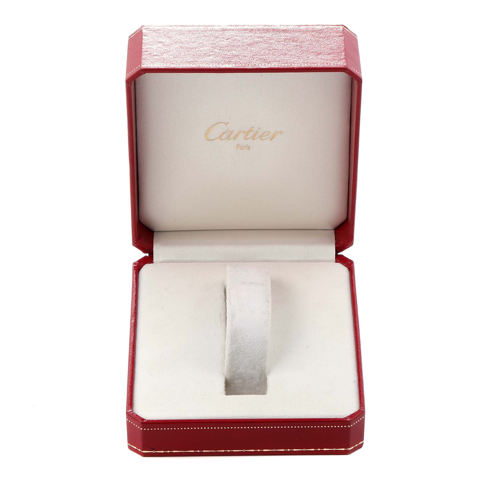 The image shows an open red Cartier box for the Tank Francaise watch, displaying the cushioned interior from a front angle.