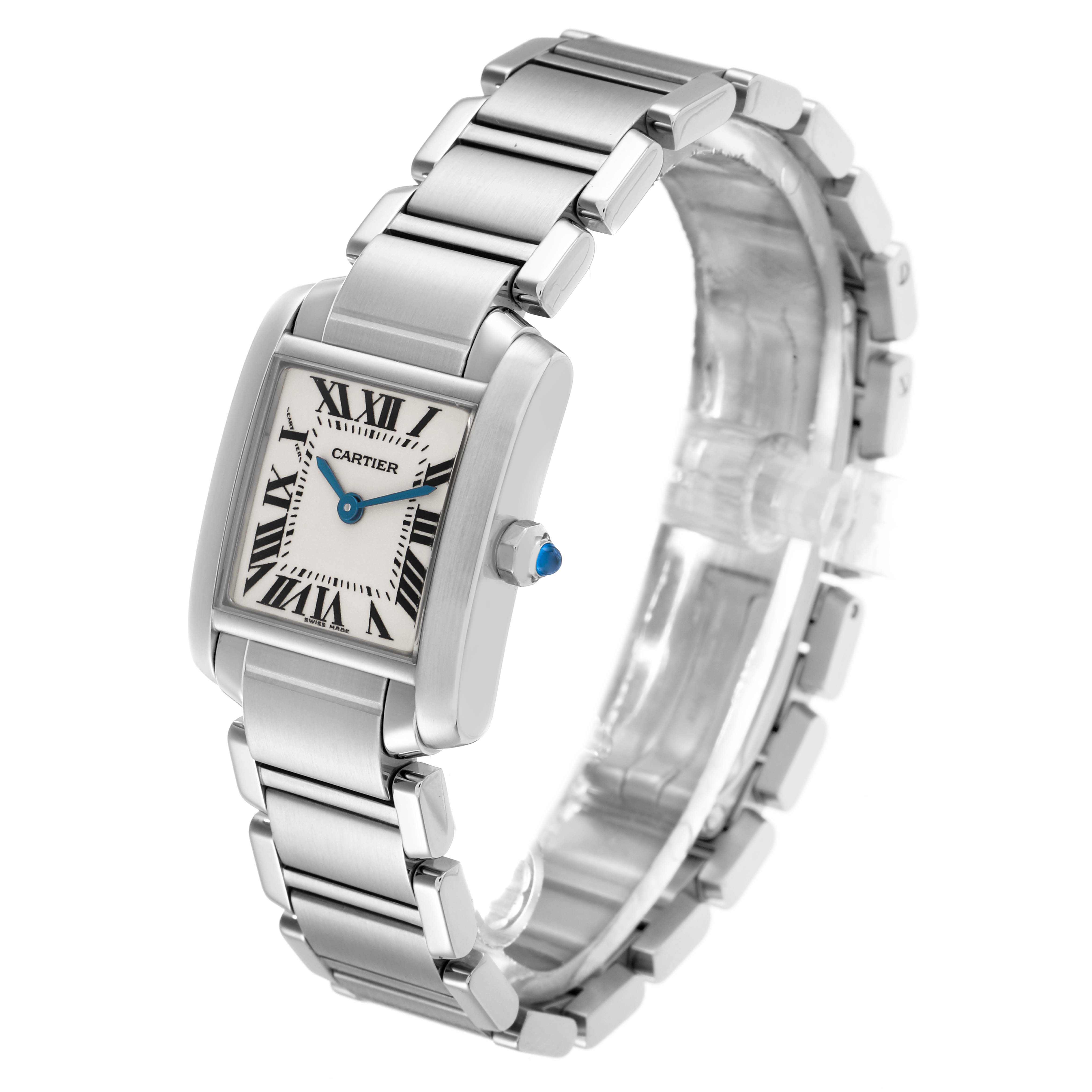The Cartier Tank Française watch is shown from a side angle, highlighting the face, crown, and bracelet.