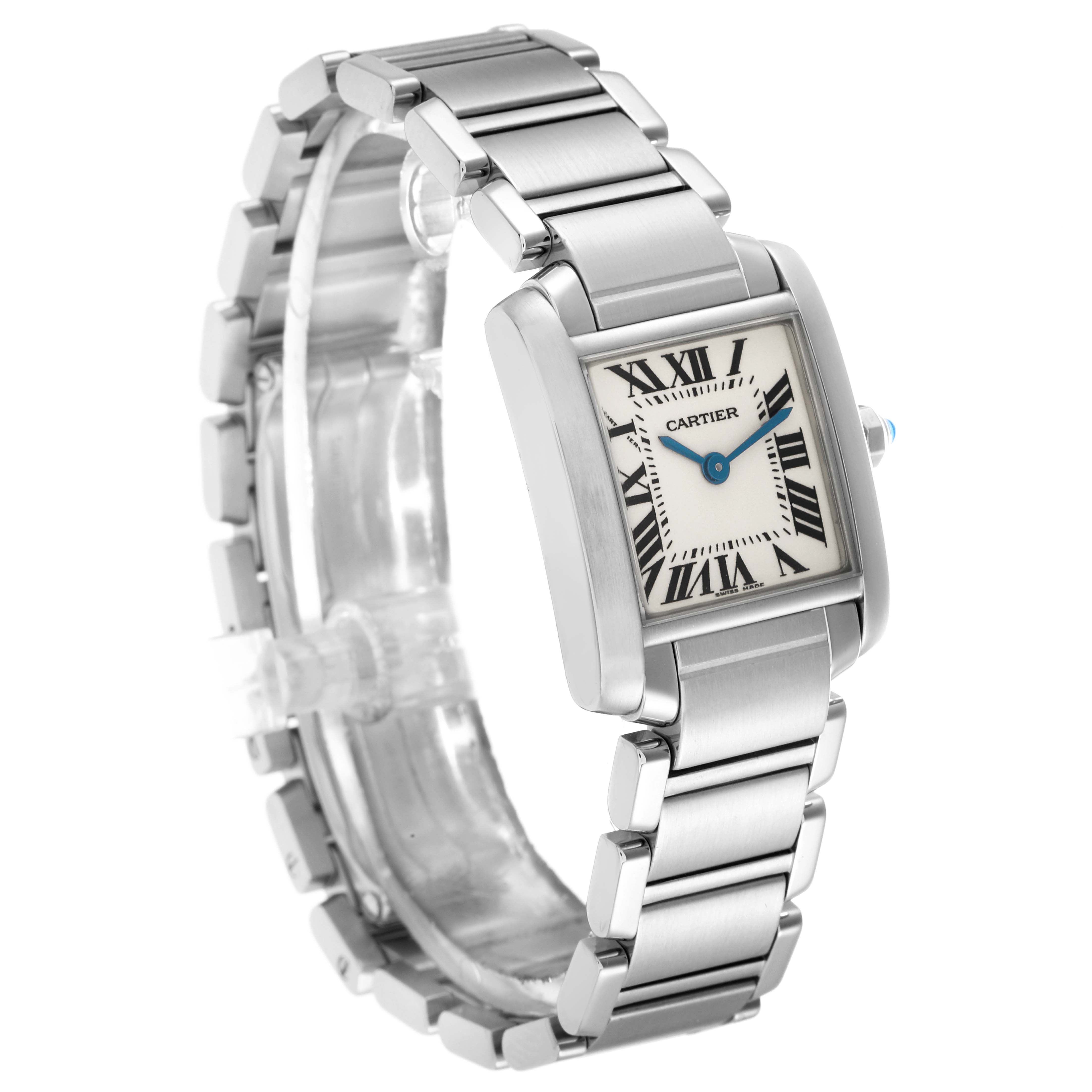 The Cartier Tank Française watch is shown at a three-quarter angle, highlighting the face, bracelet, and crown.
