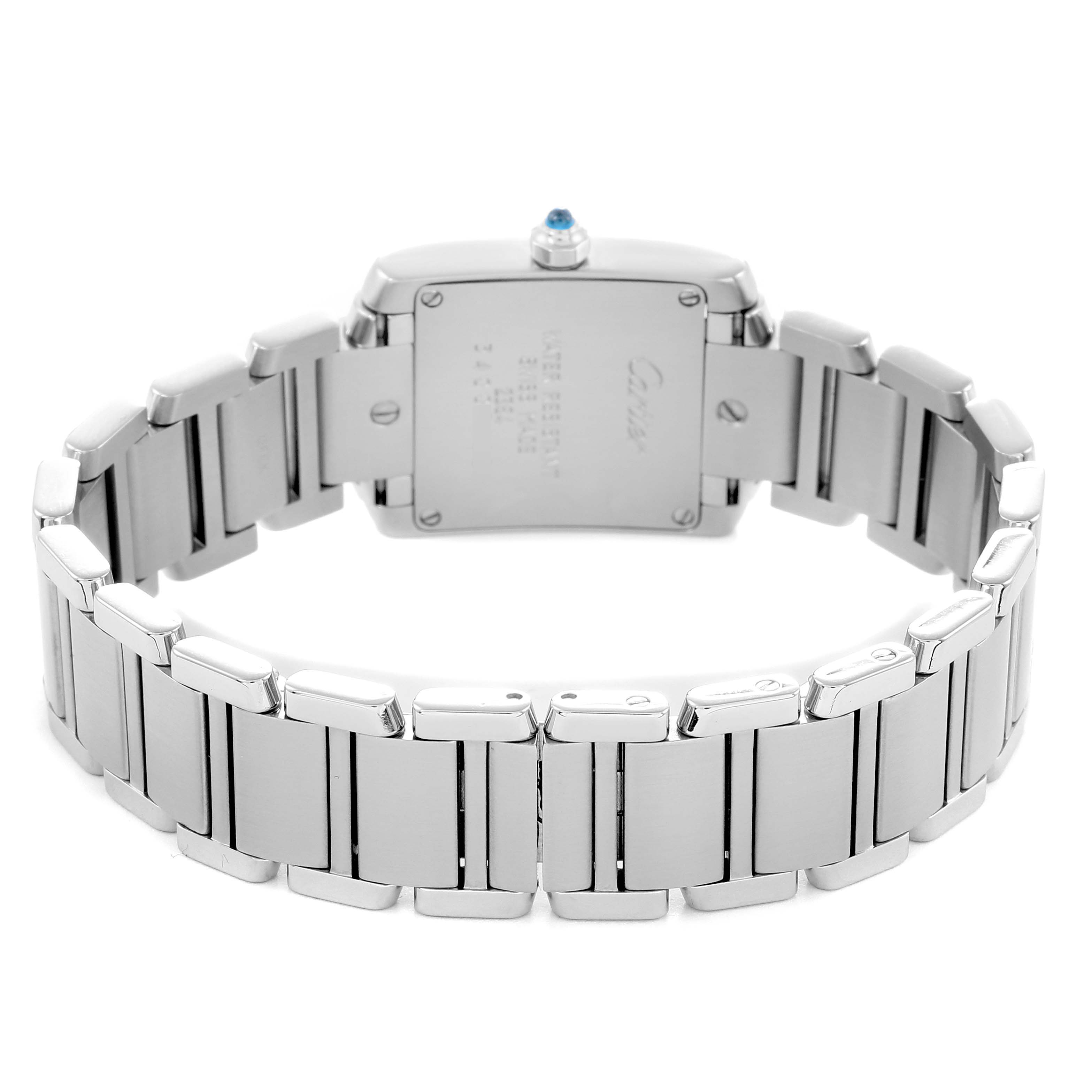 The image shows the back view of the Cartier Tank Française watch, highlighting its bracelet and case back.