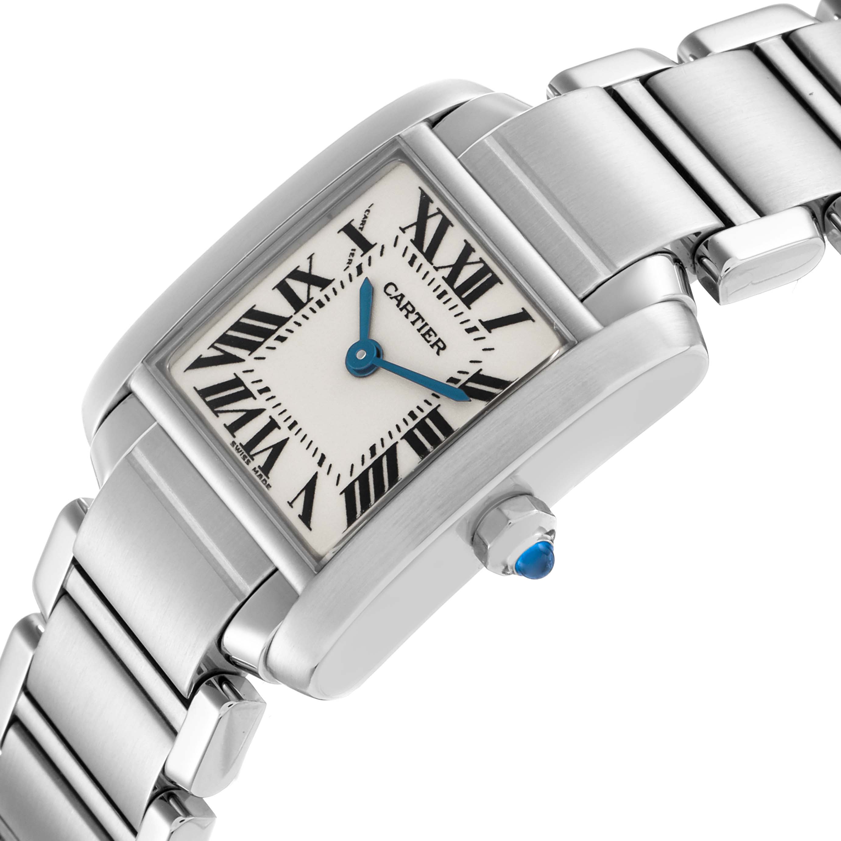The Cartier Tank Francaise W51008Q3 Women
s Stainless Steel Silver Dial watch is shown at an angle highlighting the dial, crown, and bracelet.