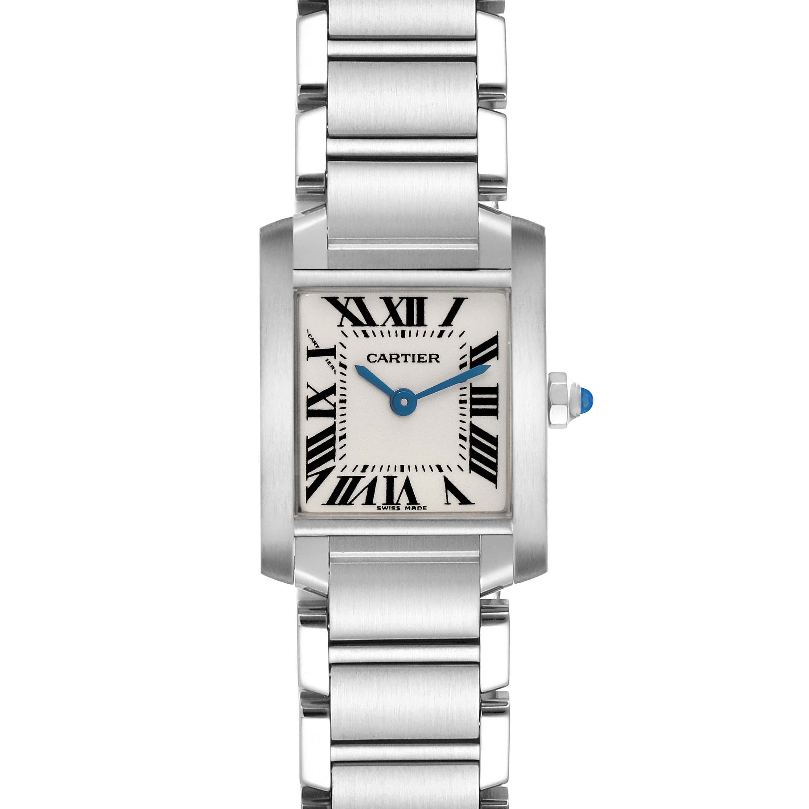 The Cartier Tank Française watch is shown from the front, featuring the face, dial, and bracelet details.