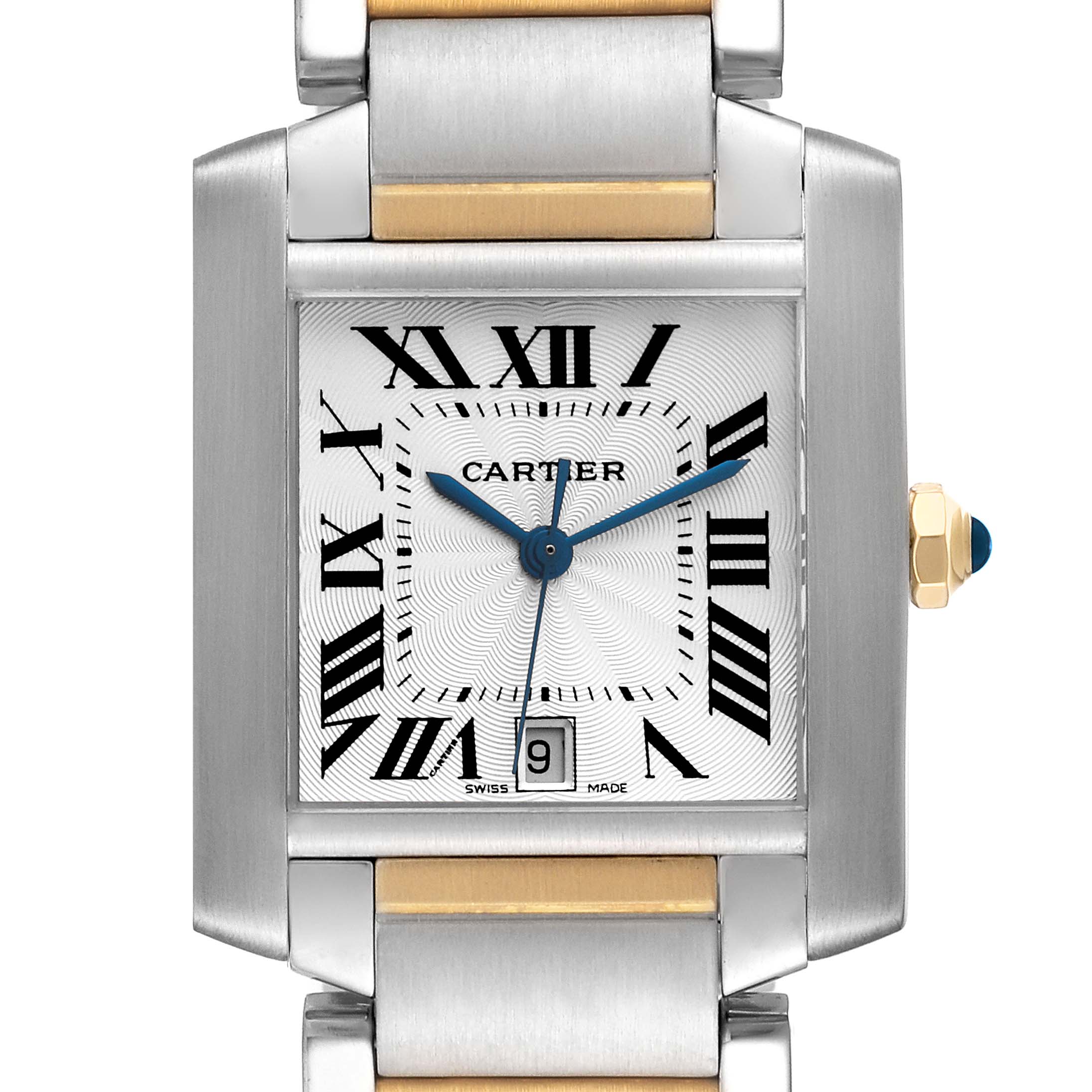 The image shows a close-up, front view of a Cartier Tank Francaise W51005Q4 Men
s Stainless Steel Silver Dial W51005Q4 Men
s Stainless Steel Silver Dial watch, highlighting the face, hands, and part of the band.
