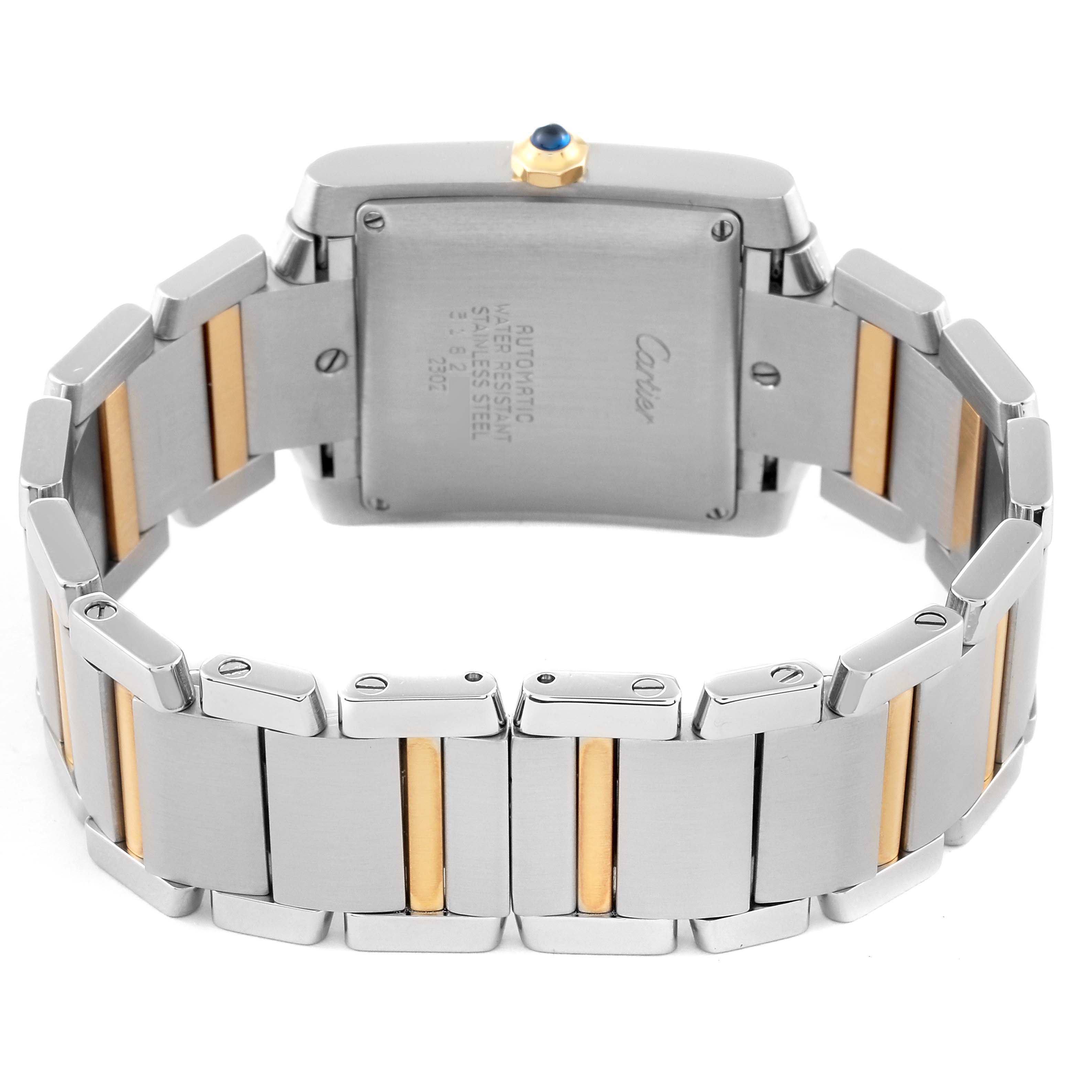 The image shows the back view of a Cartier Tank Francaise W51005Q4 Men
s Stainless Steel Silver Dial W51005Q4 Men
s Stainless Steel Silver Dial watch focusing on its stainless steel and gold bracelet.