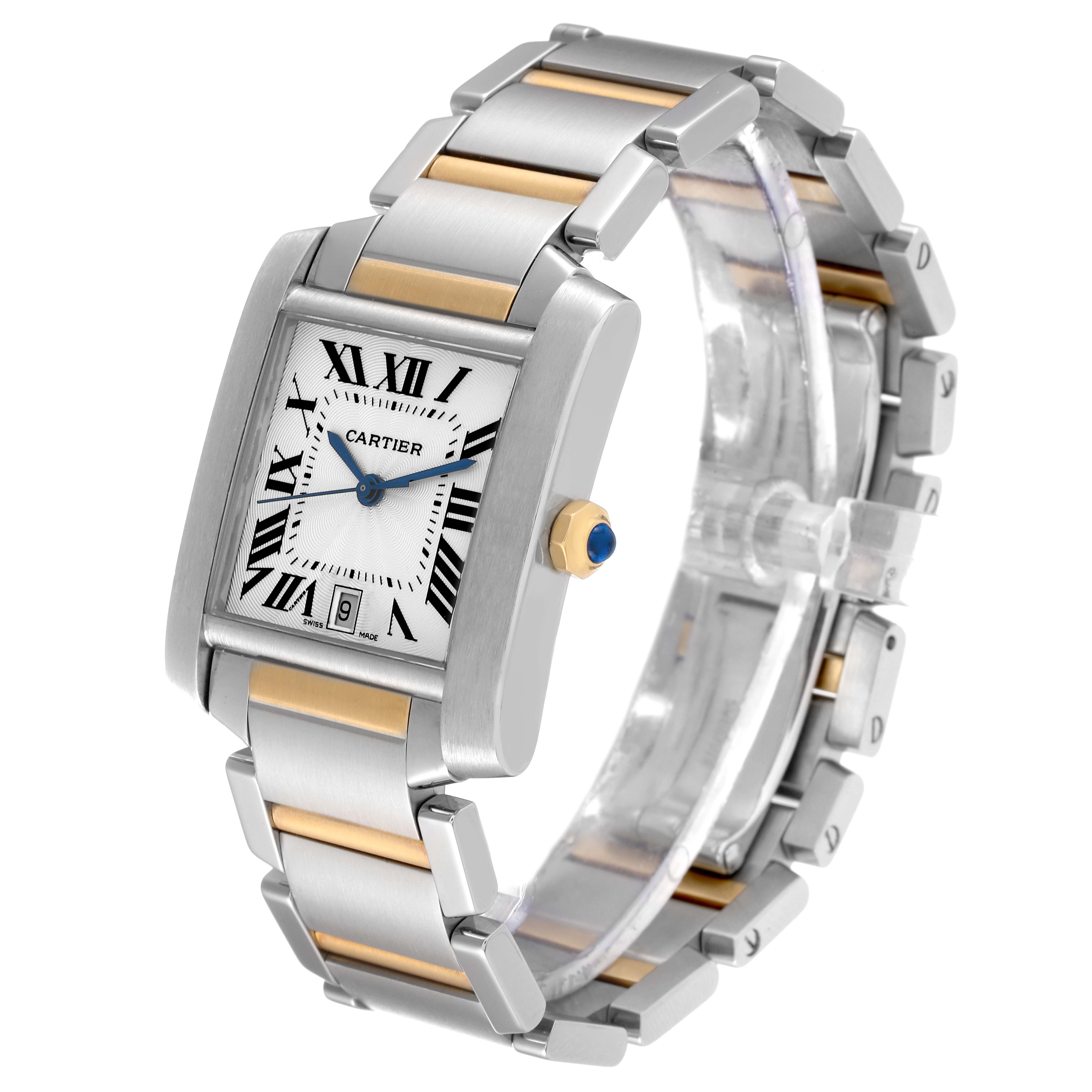 The Cartier Tank Francaise W51005Q4 Men
s Stainless Steel Silver Dial W51005Q4 Men
s Stainless Steel Silver Dial watch is shown at a slight angle, featuring its face, side crown, and two-tone metal bracelet.