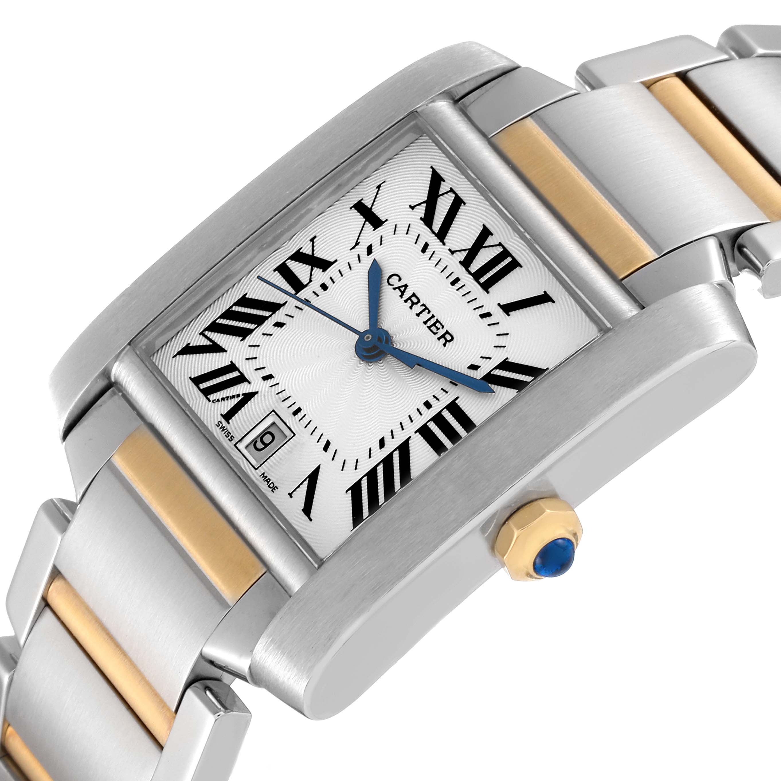 The Cartier Tank Francaise W51005Q4 Men
s Stainless Steel Silver Dial W51005Q4 Men
s Stainless Steel Silver Dial watch is shown at an angled close-up, highlighting its face, bezel, and part of the bracelet.