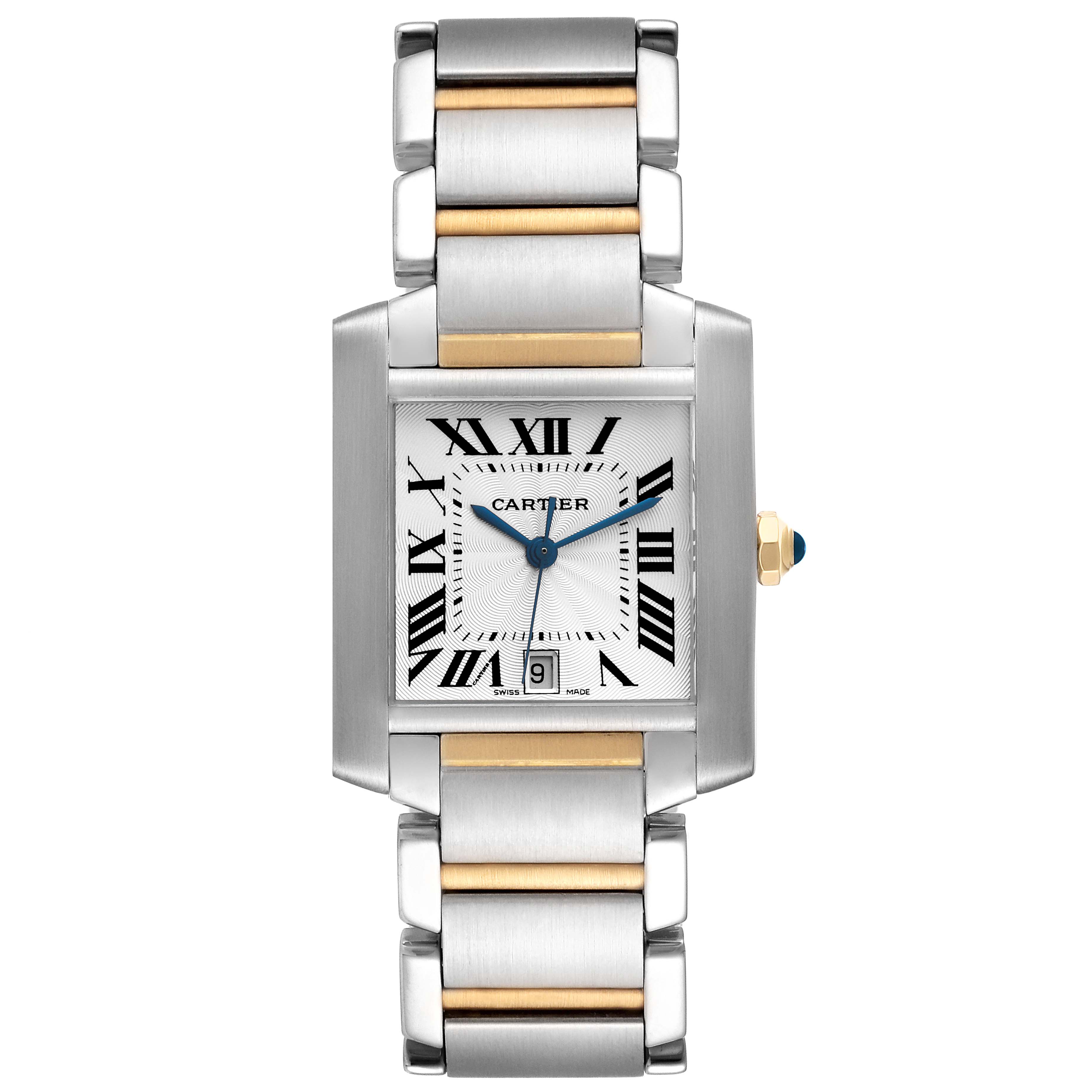 The image shows a Cartier Tank Française watch, displaying its face, crown, and bracelet in a front view.