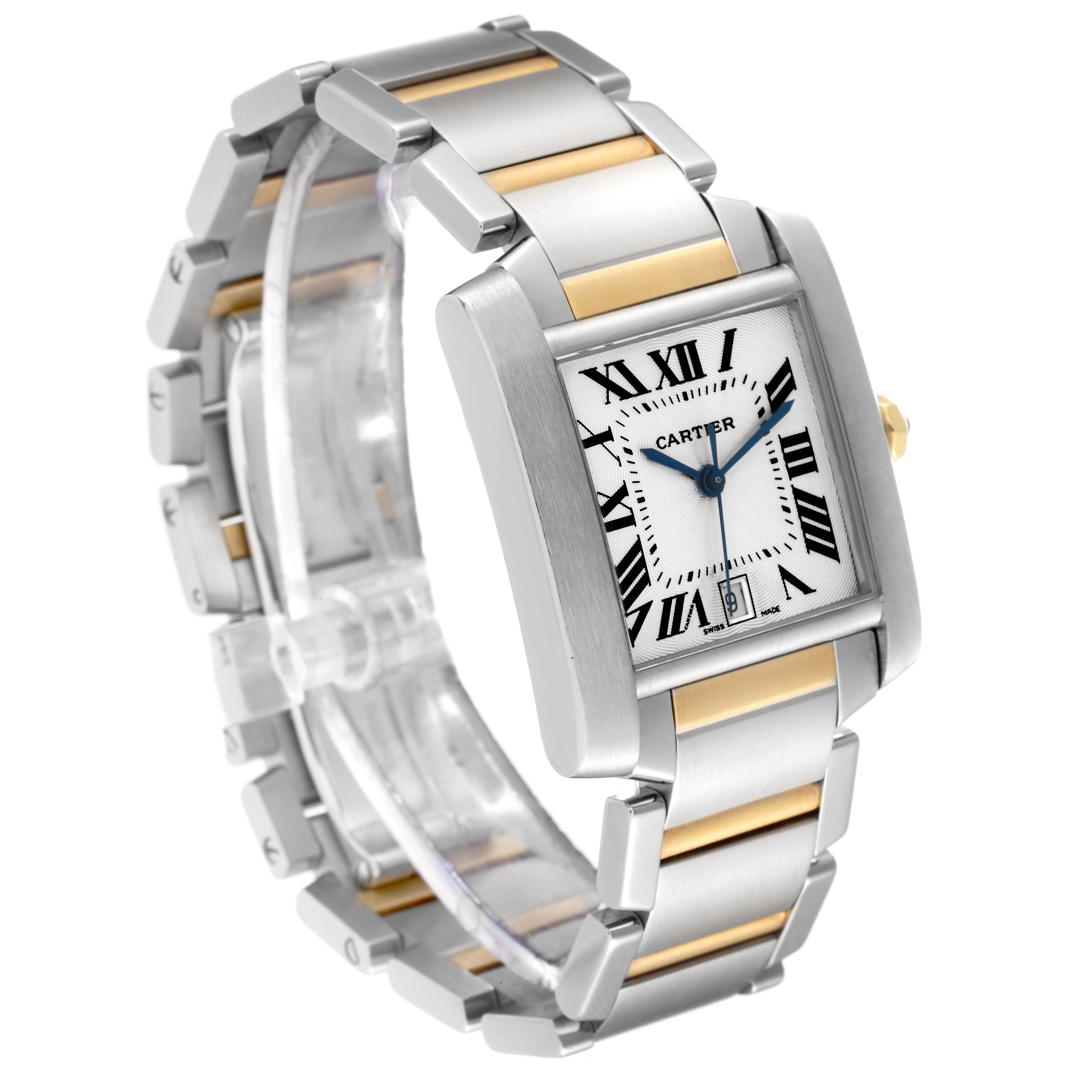 The image shows a Cartier Tank Francaise W51005Q4 Men
s Stainless Steel Silver Dial W51005Q4 Men
s Stainless Steel Silver Dial watch at a three-quarter angle, displaying its face, bezel, and metal bracelet.