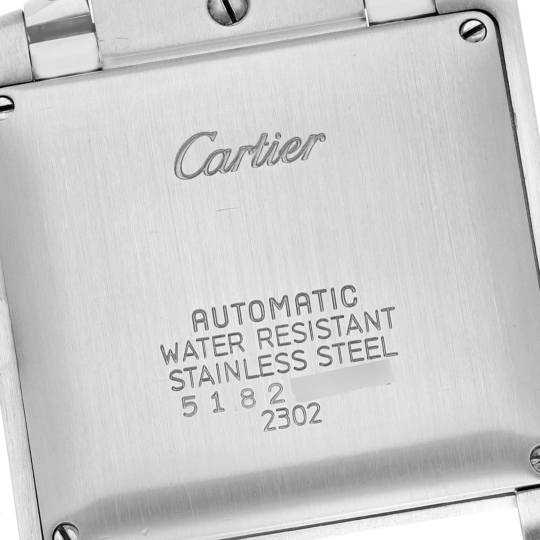 The image shows the back case of a Cartier Tank Francaise W51005Q4 Men
s Stainless Steel Silver Dial W51005Q4 Men
s Stainless Steel Silver Dial watch, highlighting the engraved brand and model details.
