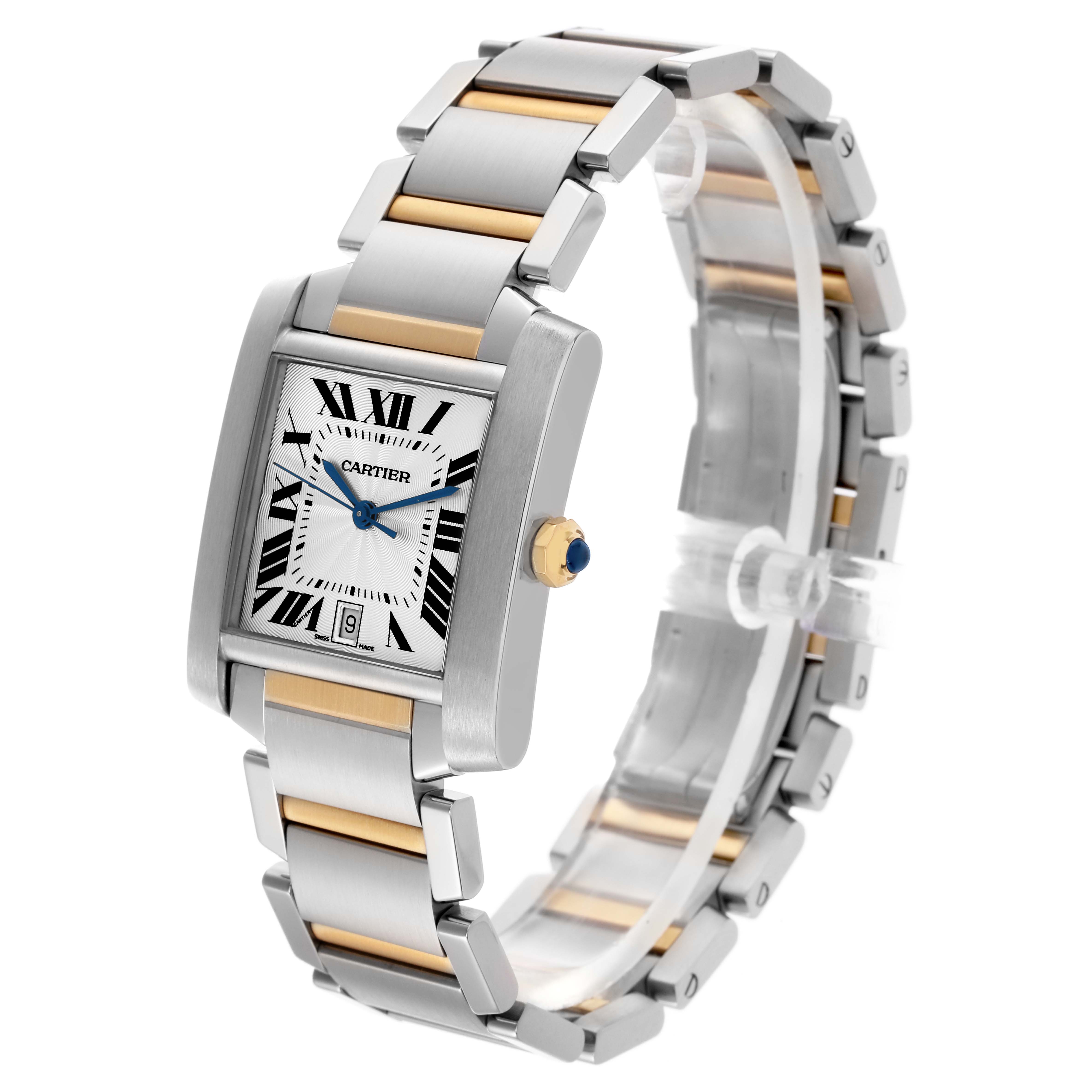 The Cartier Tank Française watch is shown from an angled side view, highlighting the face, bezel, crown, and bracelet.