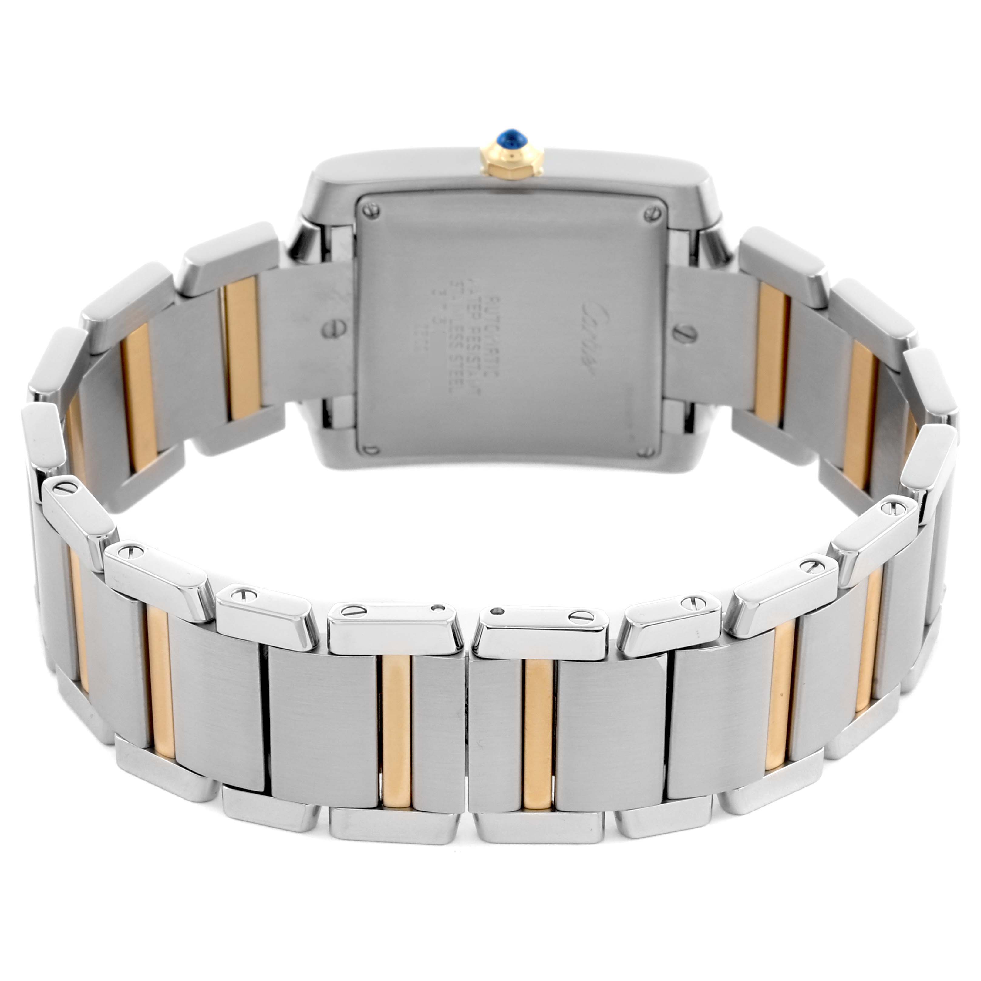 The image shows the backside of a Cartier Tank Francaise W51005Q4 Men
s Steel and Gold (two tone) Silver Dial watch, highlighting the clasp and two-tone metal bracelet.