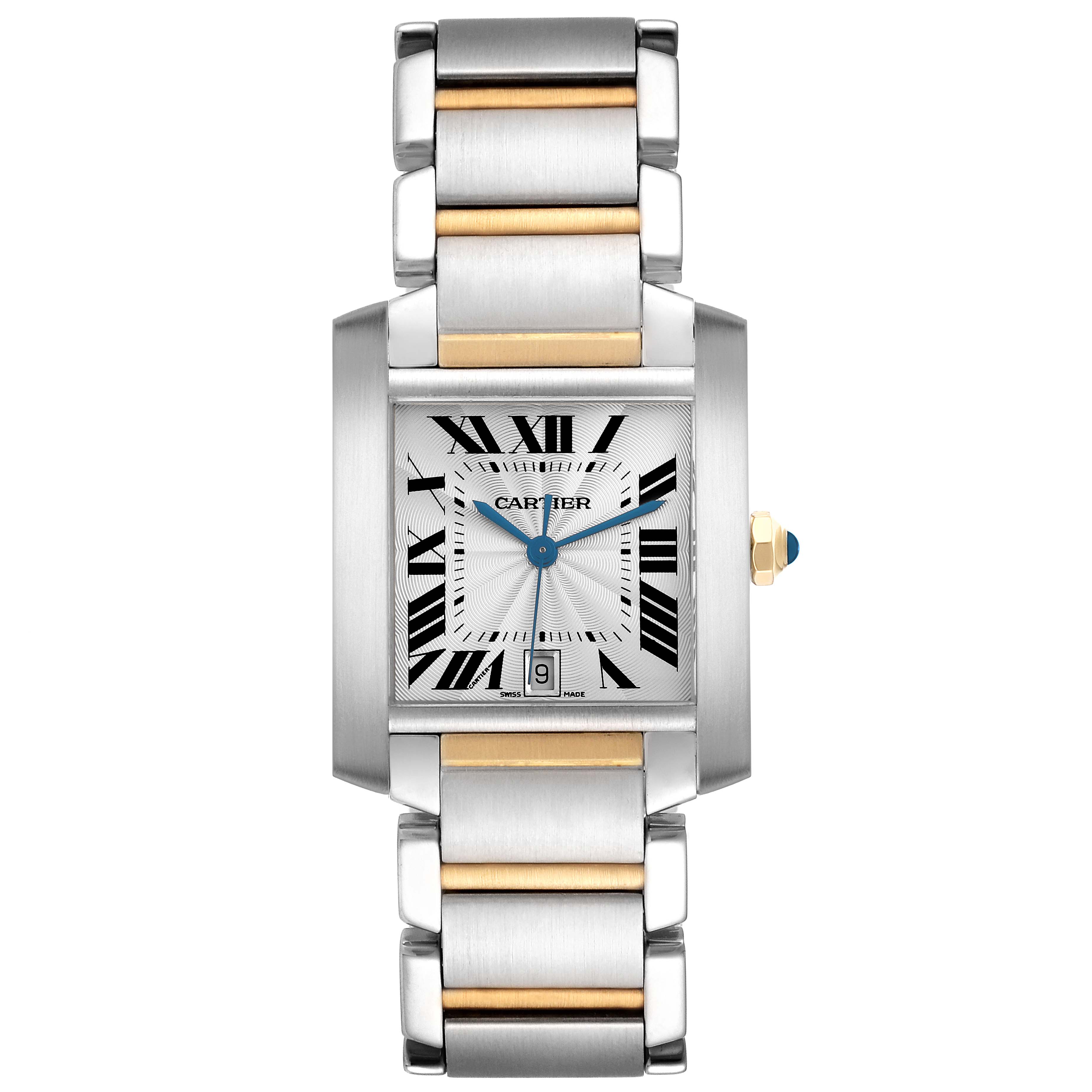 The Cartier Tank Française watch is shown from the front, highlighting its rectangular face, Roman numerals, and metal bracelet.
