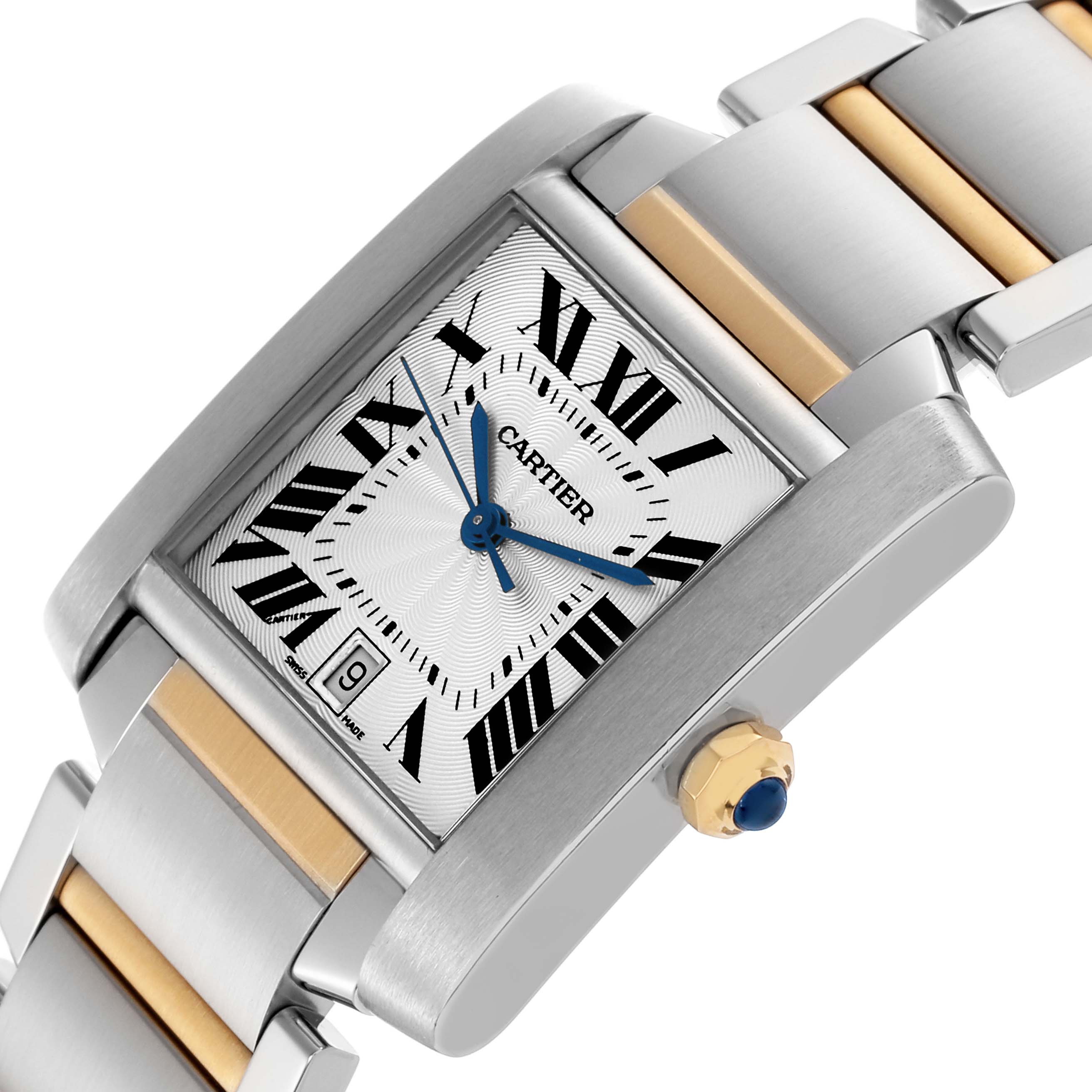 The Cartier Tank Francaise W51005Q4 Men
s Steel and Gold (two tone) Silver Dial watch is shown from a slight side angle, highlighting the face, crown, and two-tone bracelet.