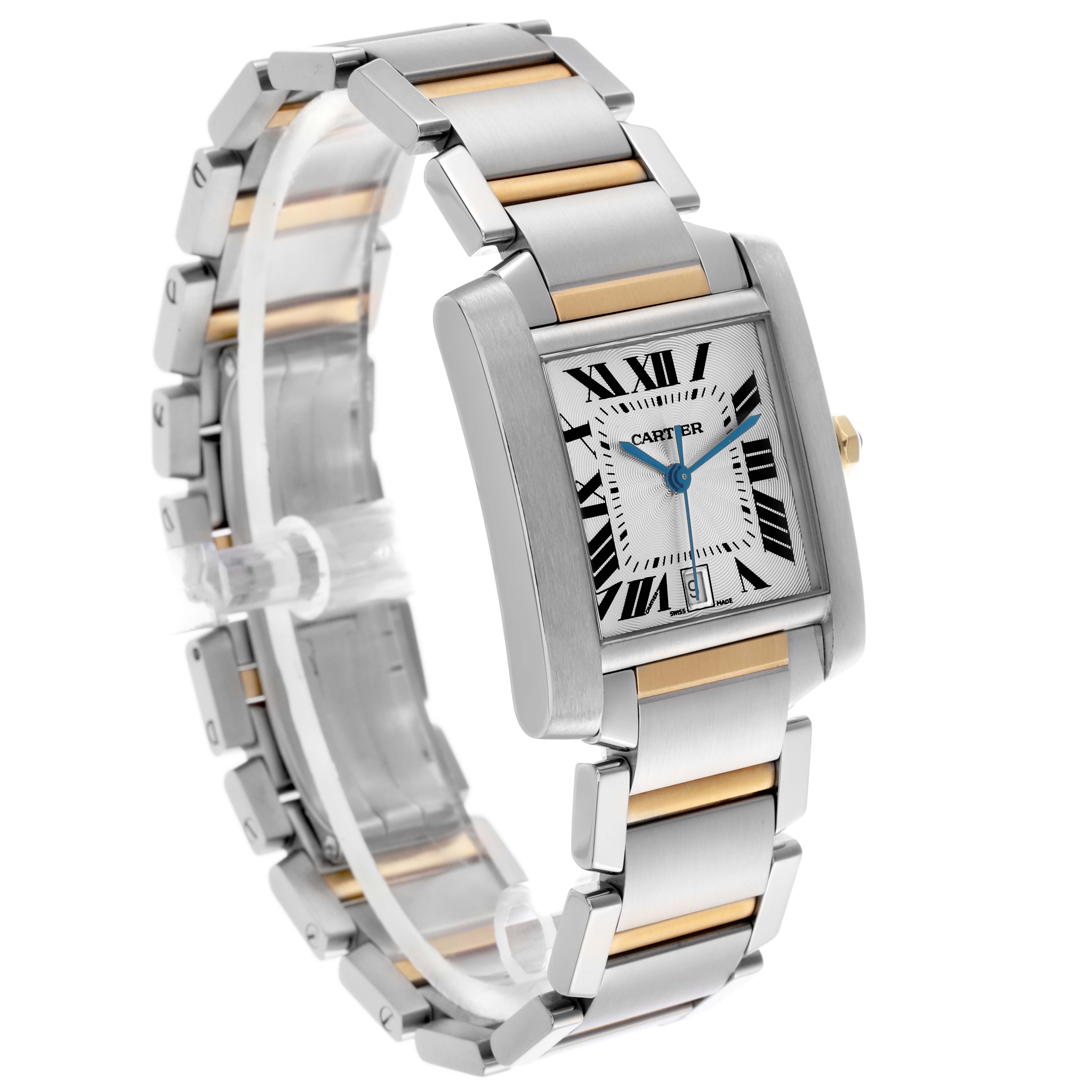 The Cartier Tank Francaise W51005Q4 Men
s Steel and Gold (two tone) Silver Dial watch is shown at an angle displaying the face, bracelet, and side details.
