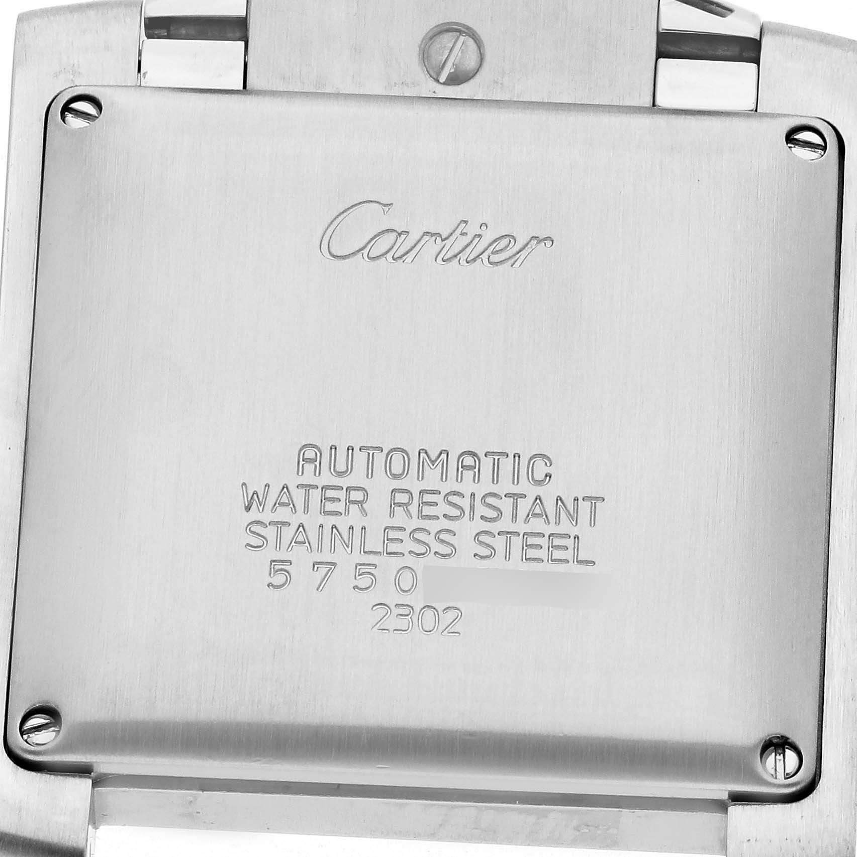 The image shows the back of a Cartier Tank Francaise W51005Q4 Men
s Steel and Gold (two tone) Silver Dial watch, highlighting the engraved brand and model details.