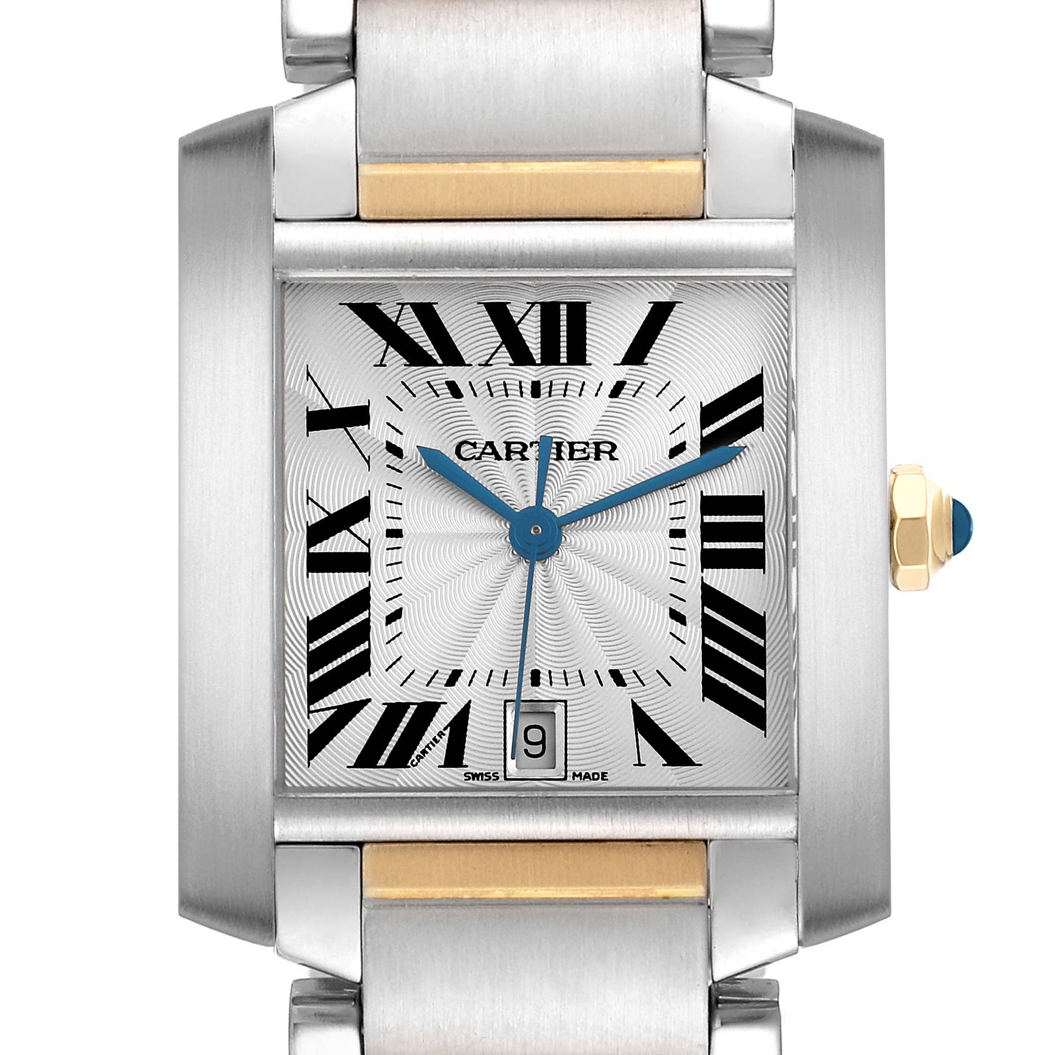 The Cartier Tank Française watch is shown from the front, highlighting its rectangular face, Roman numerals, and metal bracelet.