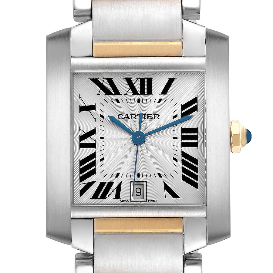 The Cartier Tank Française watch is shown from the front, highlighting its rectangular face, Roman numerals, and metal bracelet.