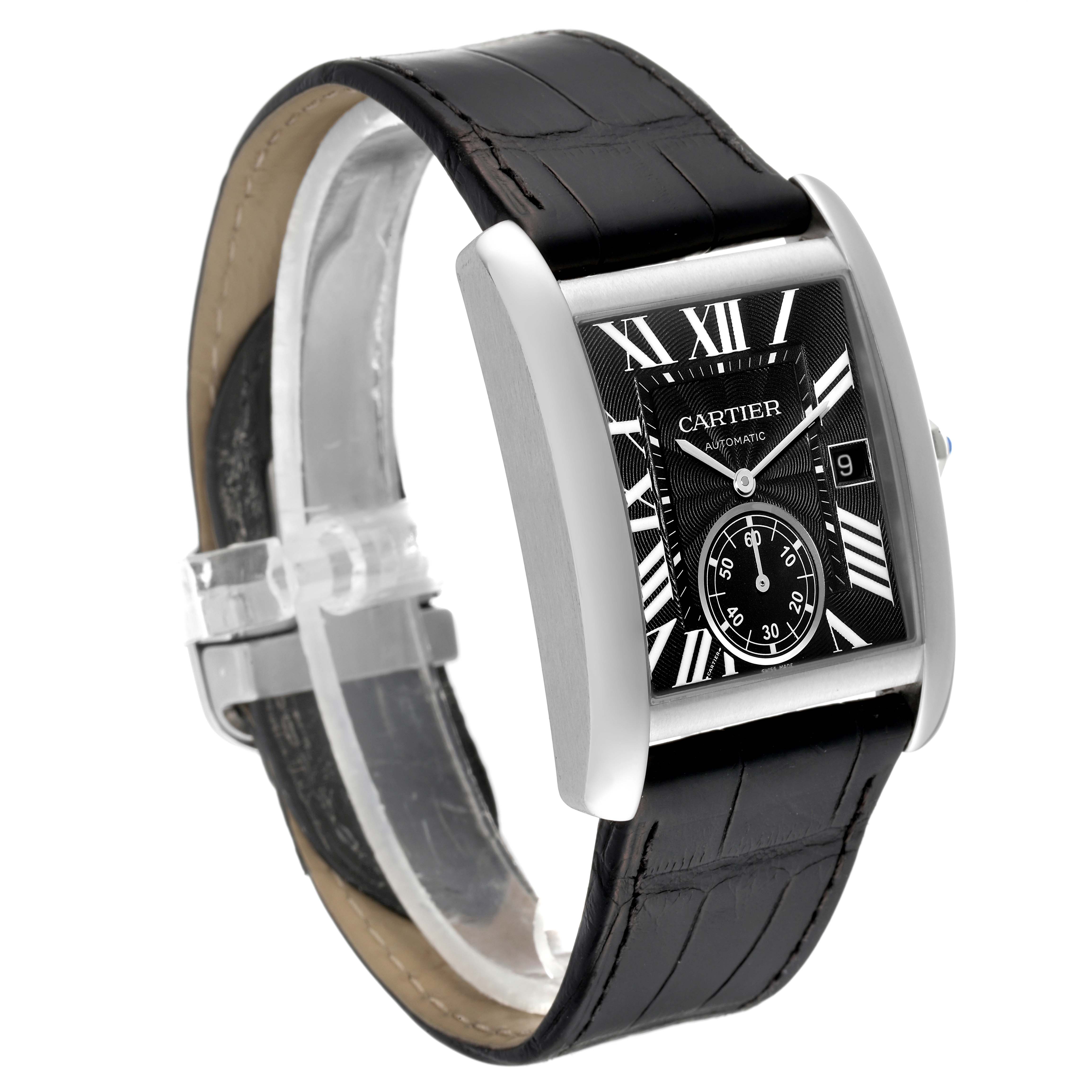 The image shows a Cartier Tank MC W5330004 Men
s Stainless Steel Black Dial W5330004 Men
s Stainless Steel Black Dial watch at an angled view, highlighting its black leather strap, rectangular dial, and unique face design.