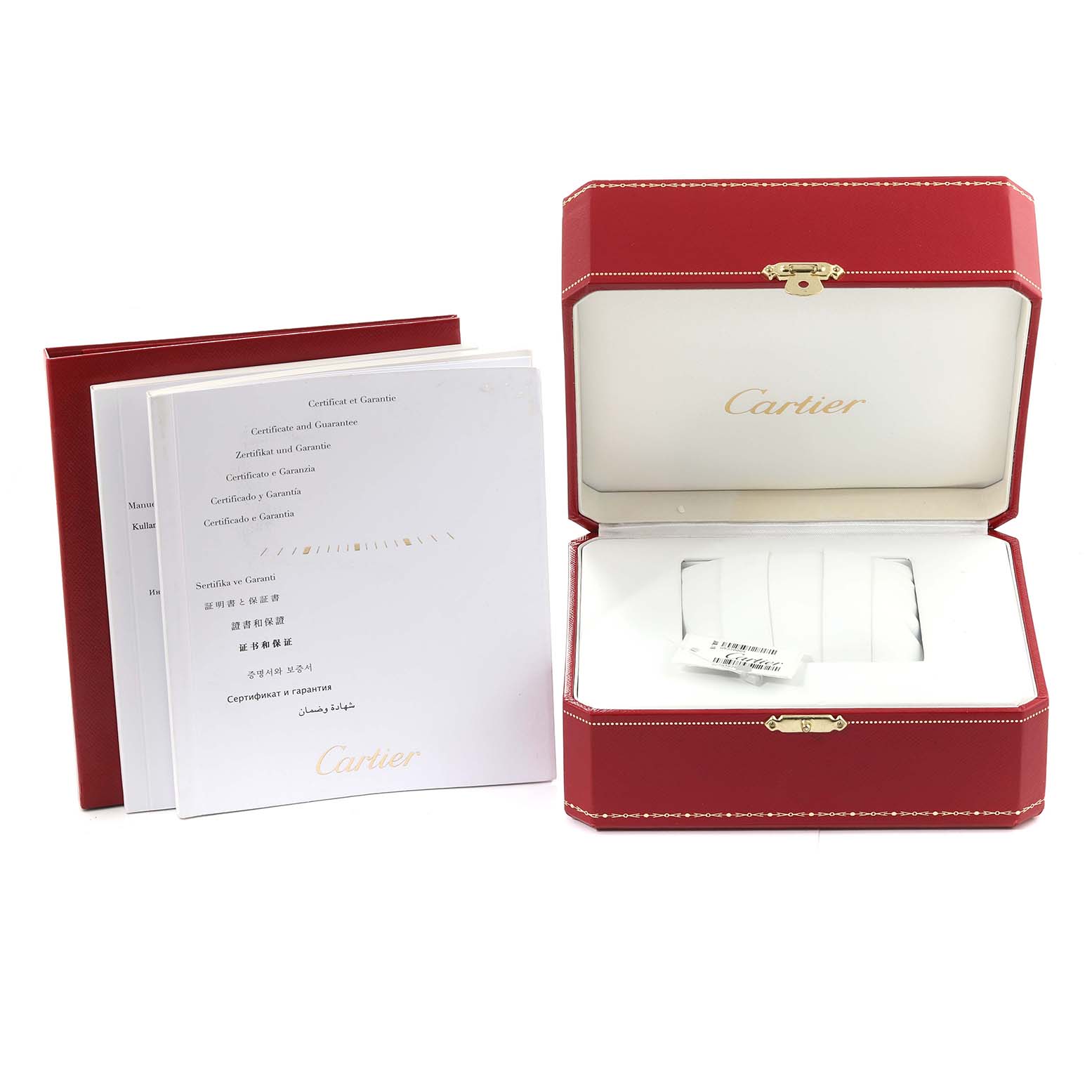 The image shows the packaging and documentation for the Cartier Tank MC W5330004 Men
s Stainless Steel Black Dial W5330004 Men
s Stainless Steel Black Dial watch, with a red box and certificates.
