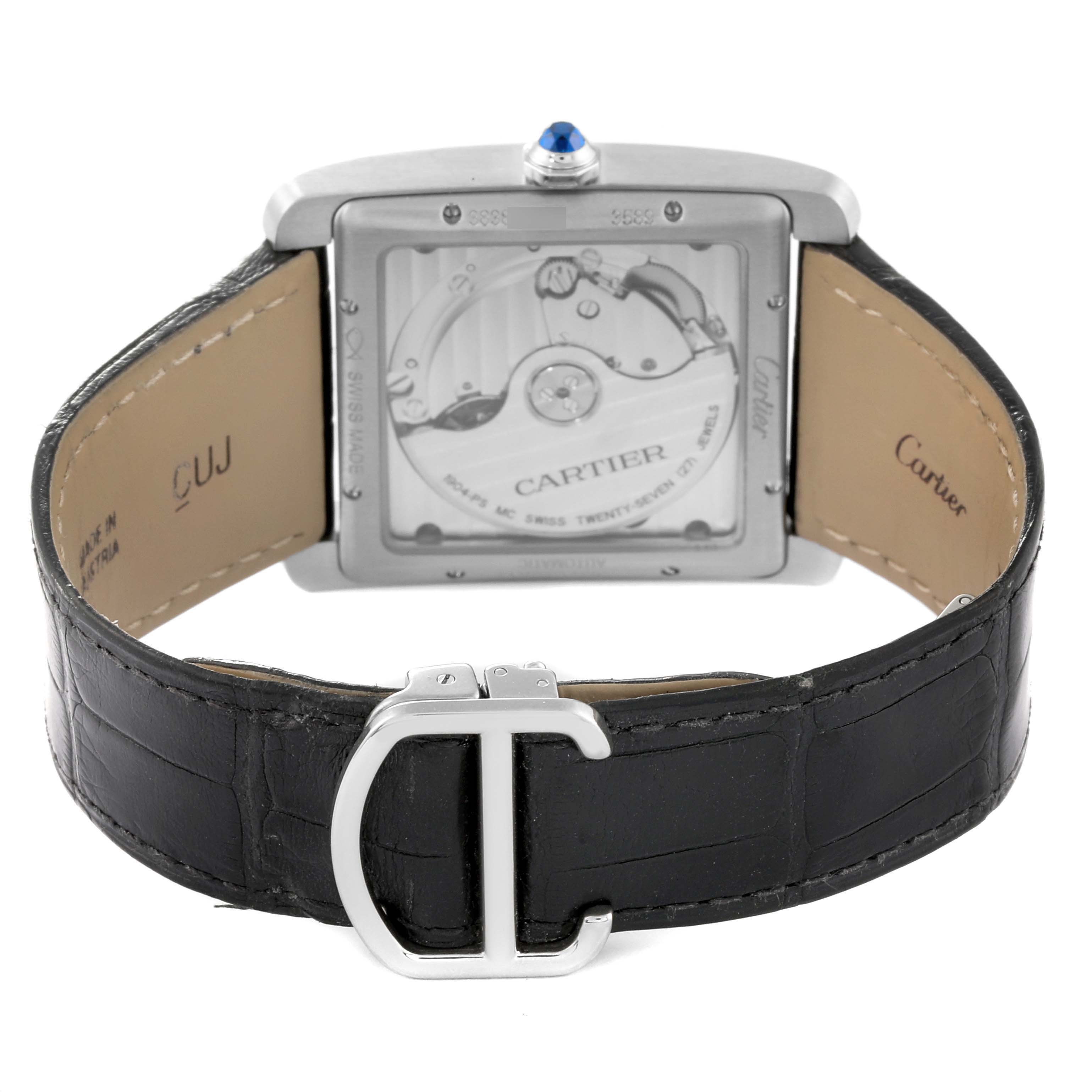 This image shows the rear view of the Cartier Tank MC W5330004 Men
s Stainless Steel Black Dial W5330004 Men
s Stainless Steel Black Dial watch, featuring the open case back, leather strap, and buckle.
