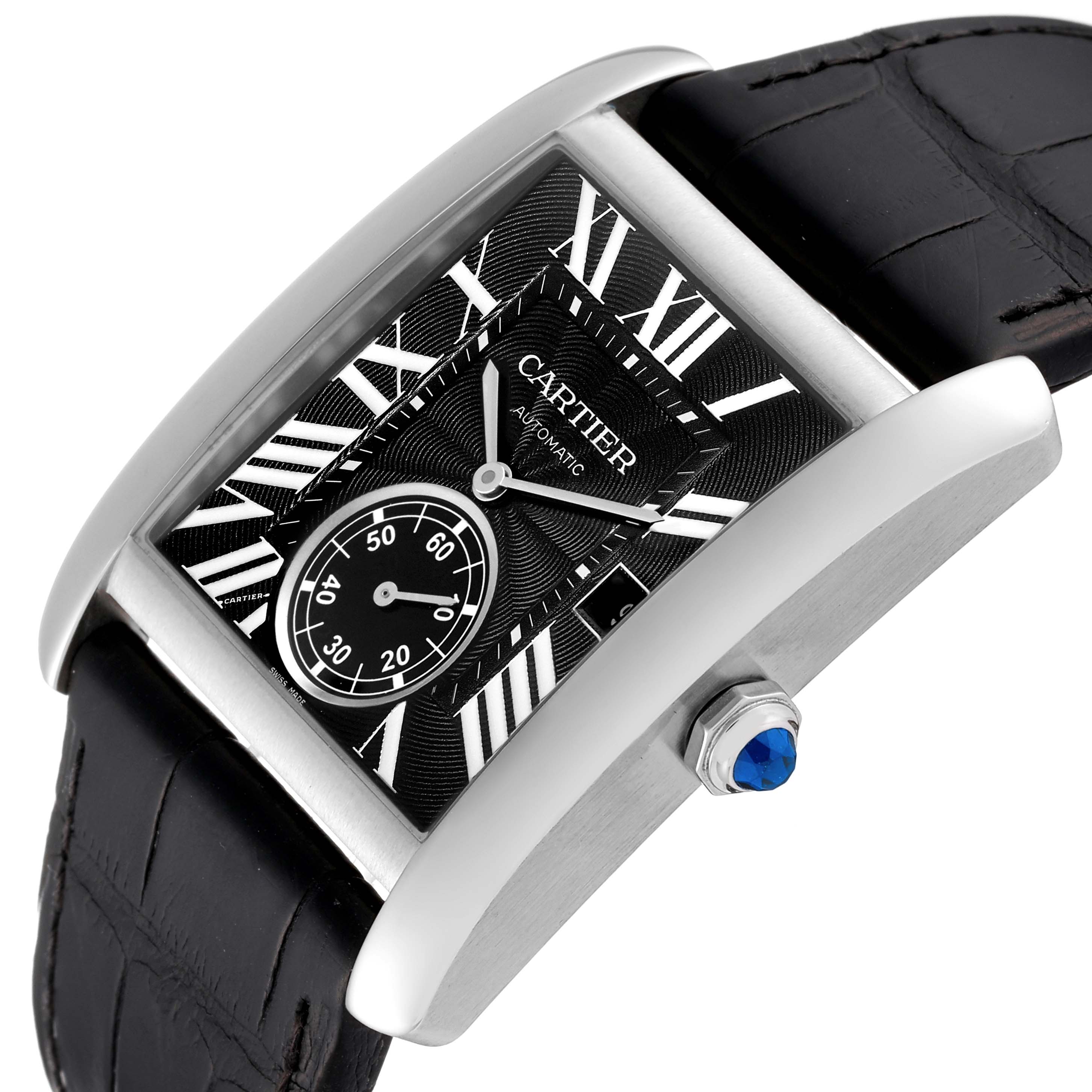 The Cartier Tank MC W5330004 Men
s Stainless Steel Black Dial W5330004 Men
s Stainless Steel Black Dial watch is shown at an angled close-up, highlighting the dial, crown, and a portion of the leather strap.