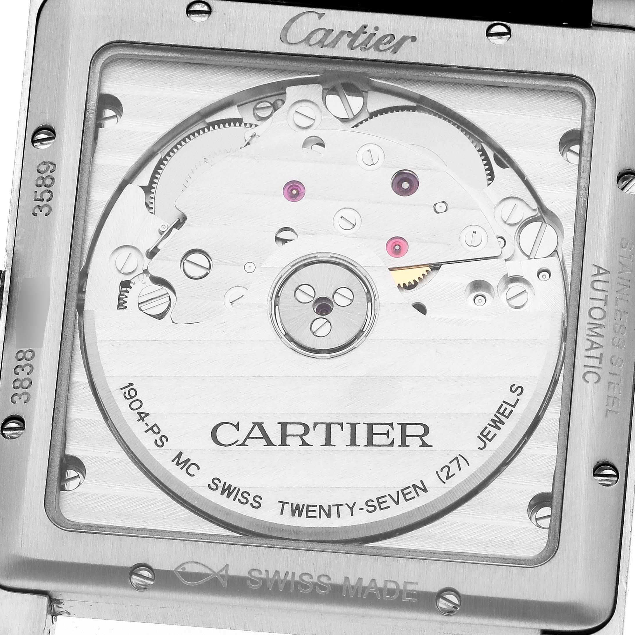 The image shows the back case and mechanical movement of a Cartier Tank MC W5330004 Men
s Stainless Steel Black Dial W5330004 Men
s Stainless Steel Black Dial watch, highlighting its automatic movement mechanism.