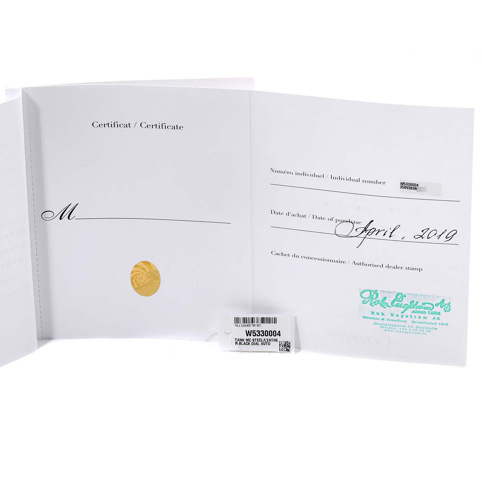 The image shows the certification papers for a Cartier Tank MC W5330004 Men
s Stainless Steel Black Dial W5330004 Men
s Stainless Steel Black Dial watch, including the individual number, date of purchase, and dealer stamp.
