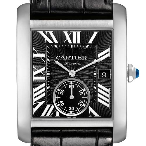 The watch, a Cartier Tank MC model, is shown from a front angle, displaying its dial, hands, date window, and leather strap.