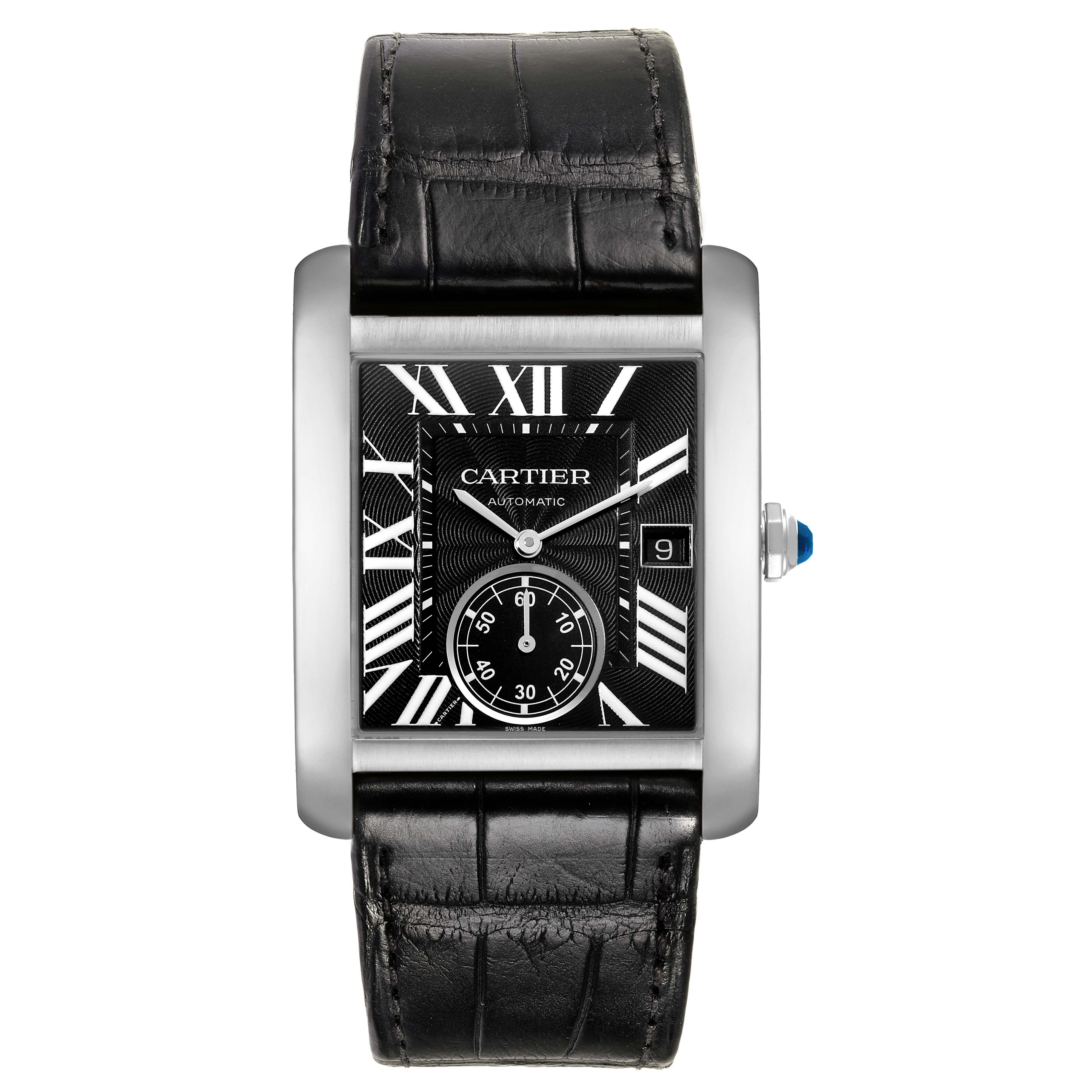 The image shows a front view of the Cartier Tank MC W5330004 Men
s Stainless Steel Black Dial W5330004 Men
s Stainless Steel Black Dial watch, featuring a rectangular dial, leather strap, and visible crown.