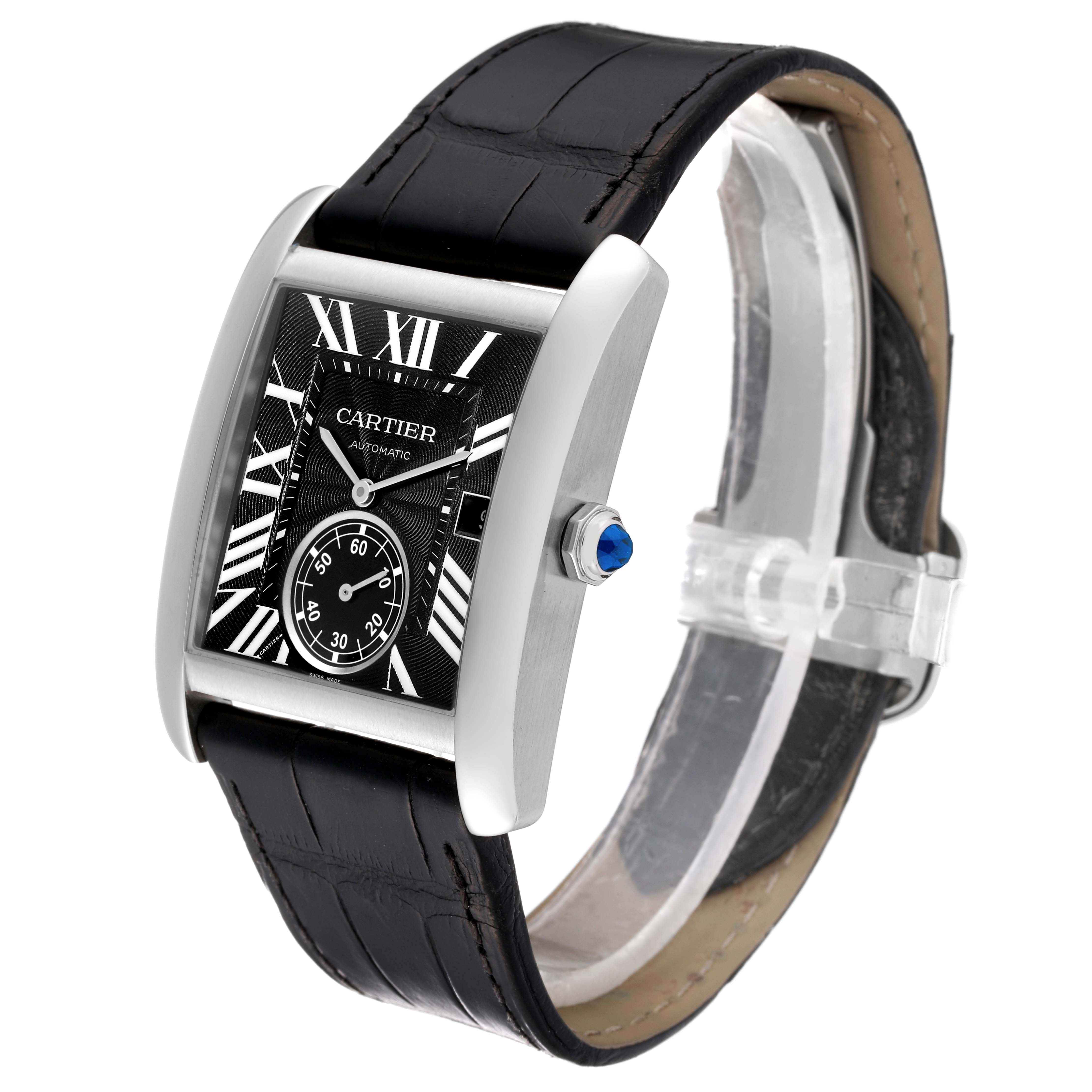 The image shows a Cartier Tank MC W5330004 Men
s Stainless Steel Black Dial W5330004 Men
s Stainless Steel Black Dial watch at a slight angle, highlighting its black alligator leather strap, rectangular case, and crown.