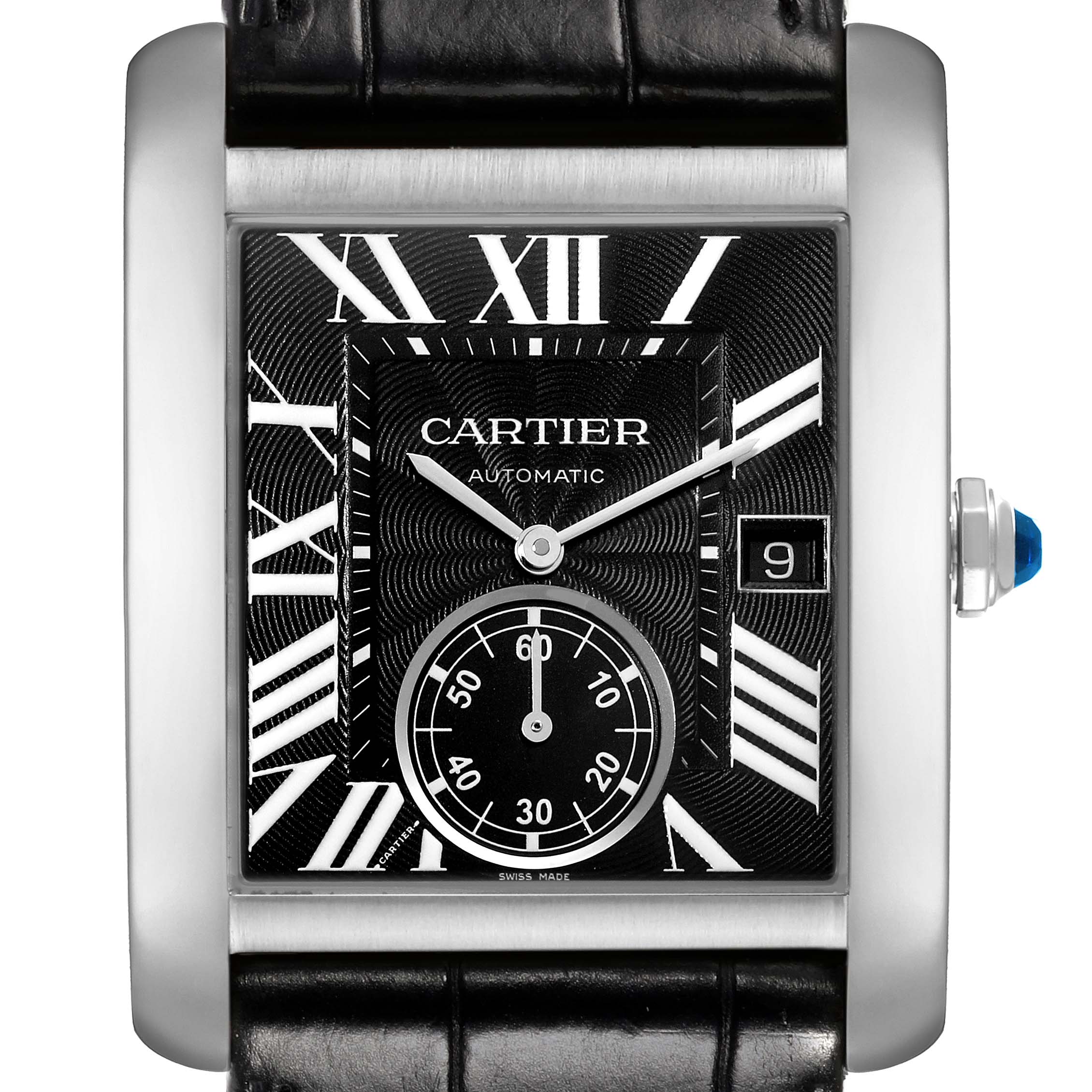 The image shows a front view of the Cartier Tank MC W5330004 Men
s Stainless Steel Black Dial W5330004 Men
s Stainless Steel Black Dial watch, highlighting the dial, hands, and a portion of the black leather strap.