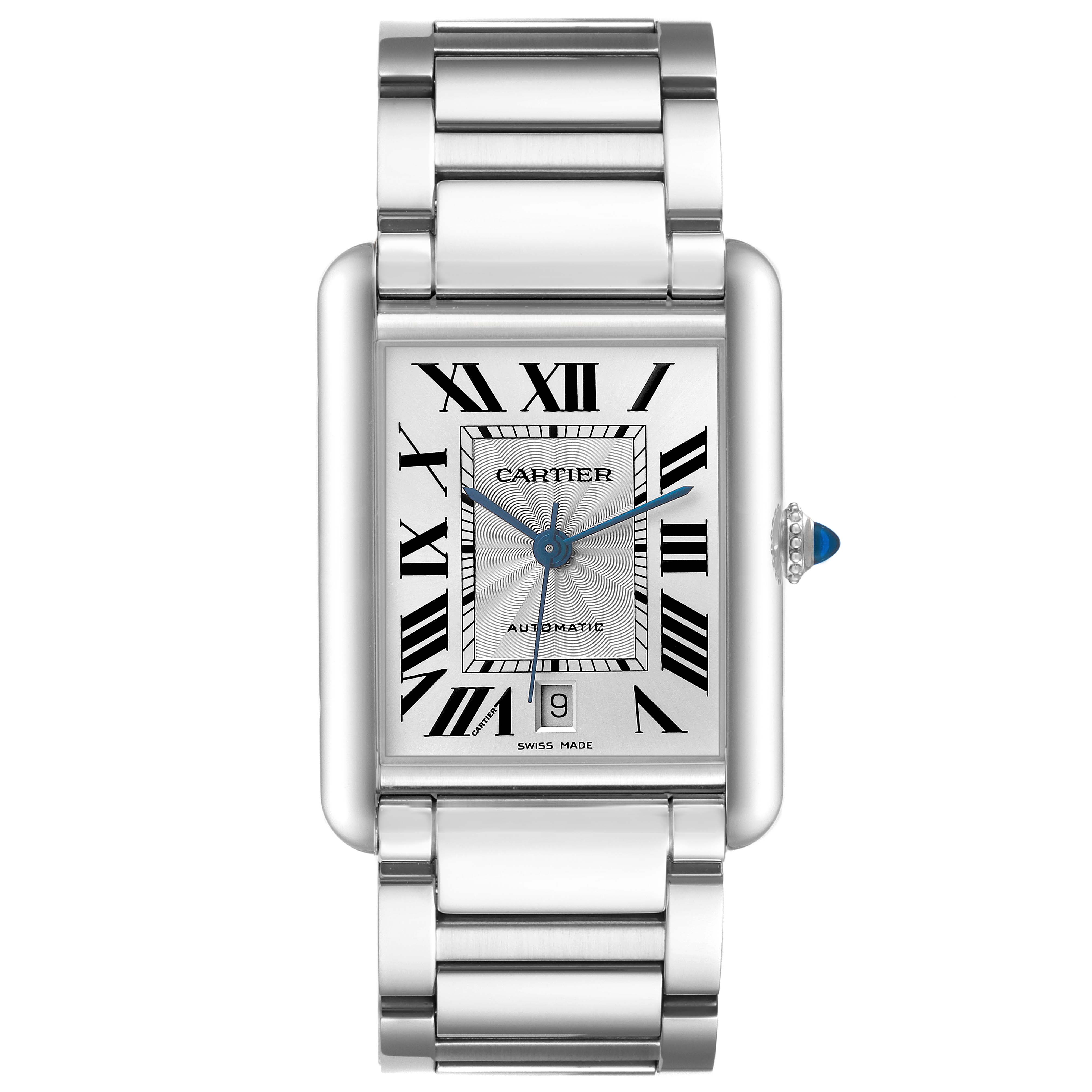 The Cartier Tank Must WSTA0053 Men's Stainless Steel Silver Dial watch is shown from the front, displaying its rectangular face, roman numerals, and metal bracelet.
