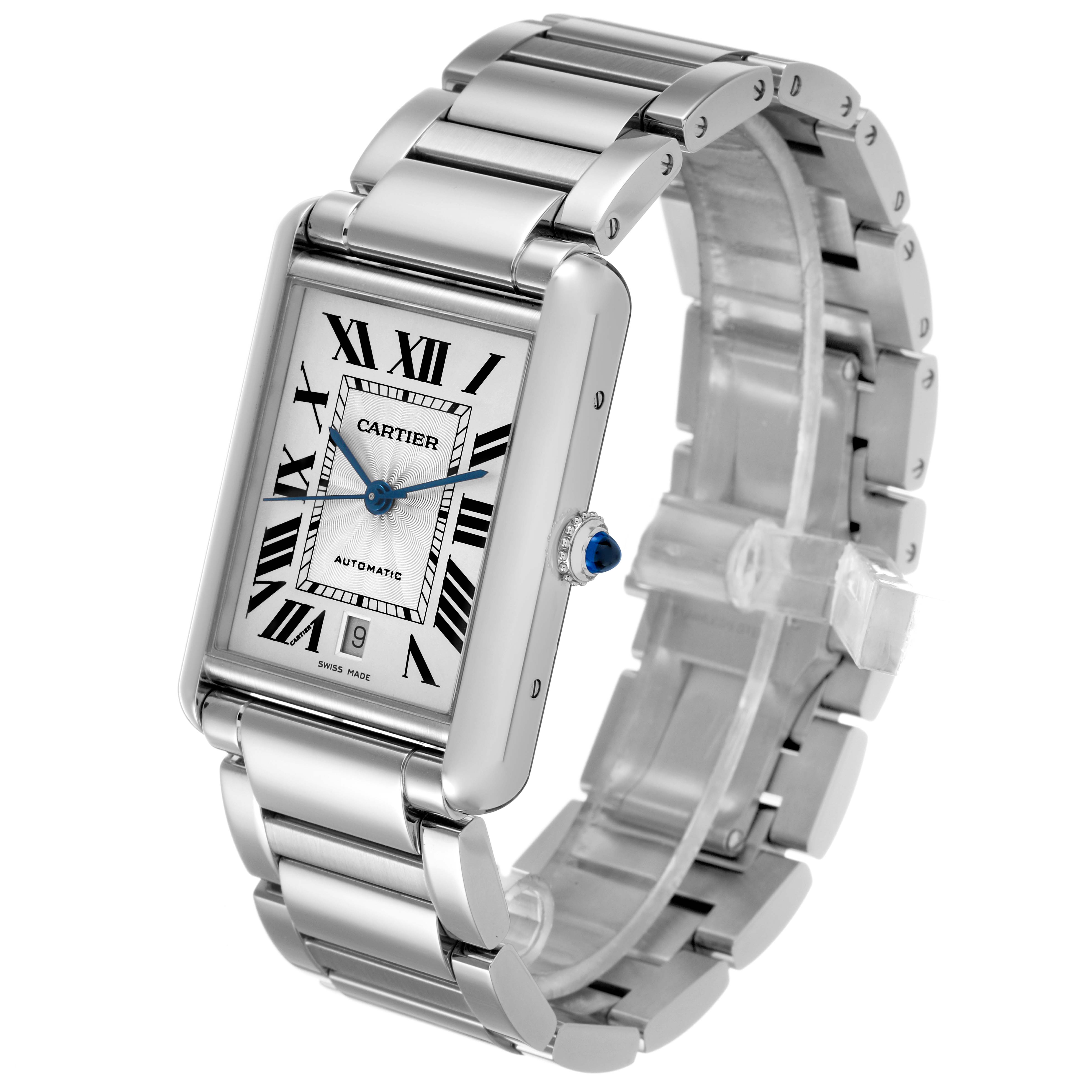 The Cartier Tank Must WSTA0053 Men's Stainless Steel Silver Dial watch is shown at a front-side angle, highlighting its face, bracelet, and crown.