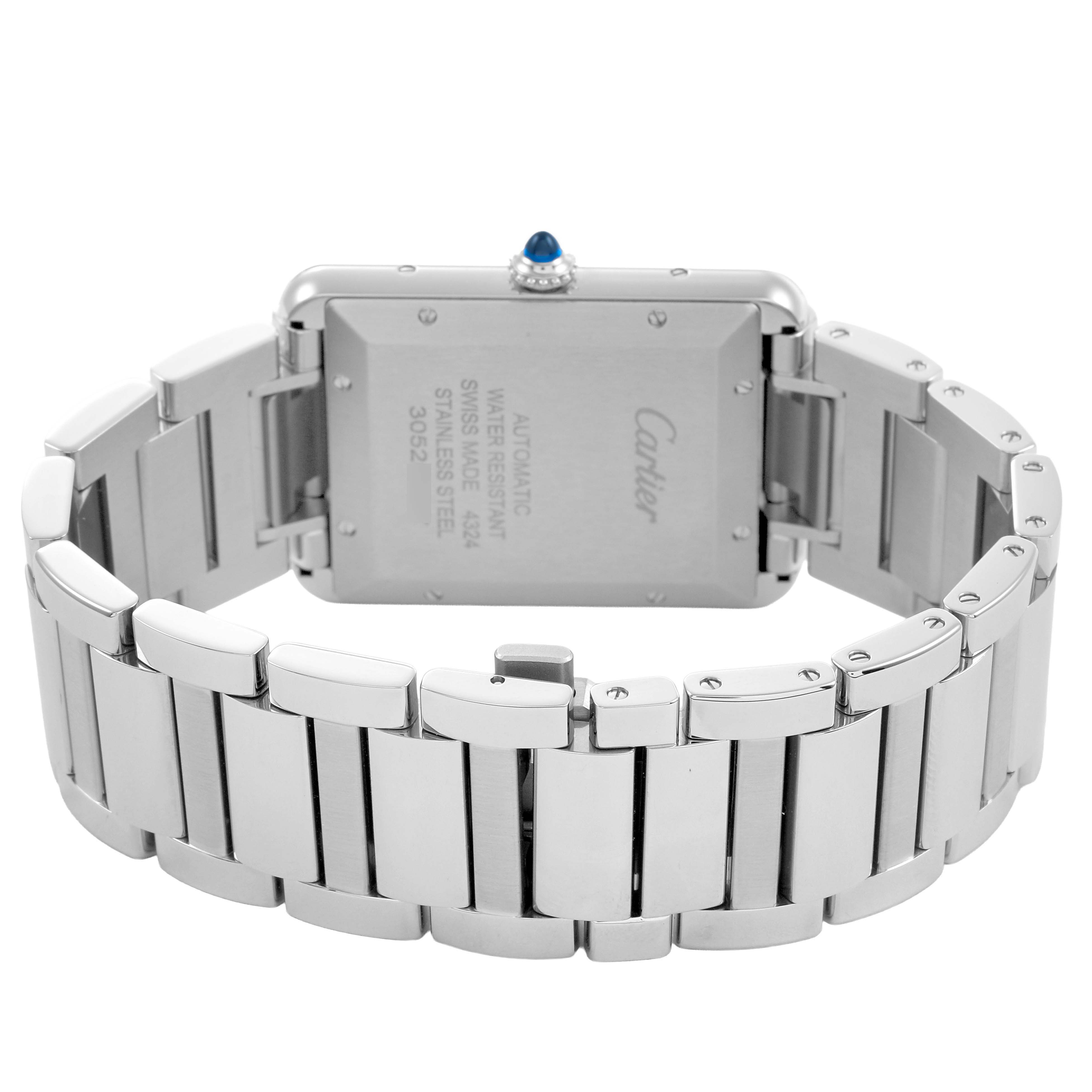 The image shows the back view of a Cartier Tank Must WSTA0053 Men's Stainless Steel Silver Dial watch, highlighting the stainless steel case and bracelet.