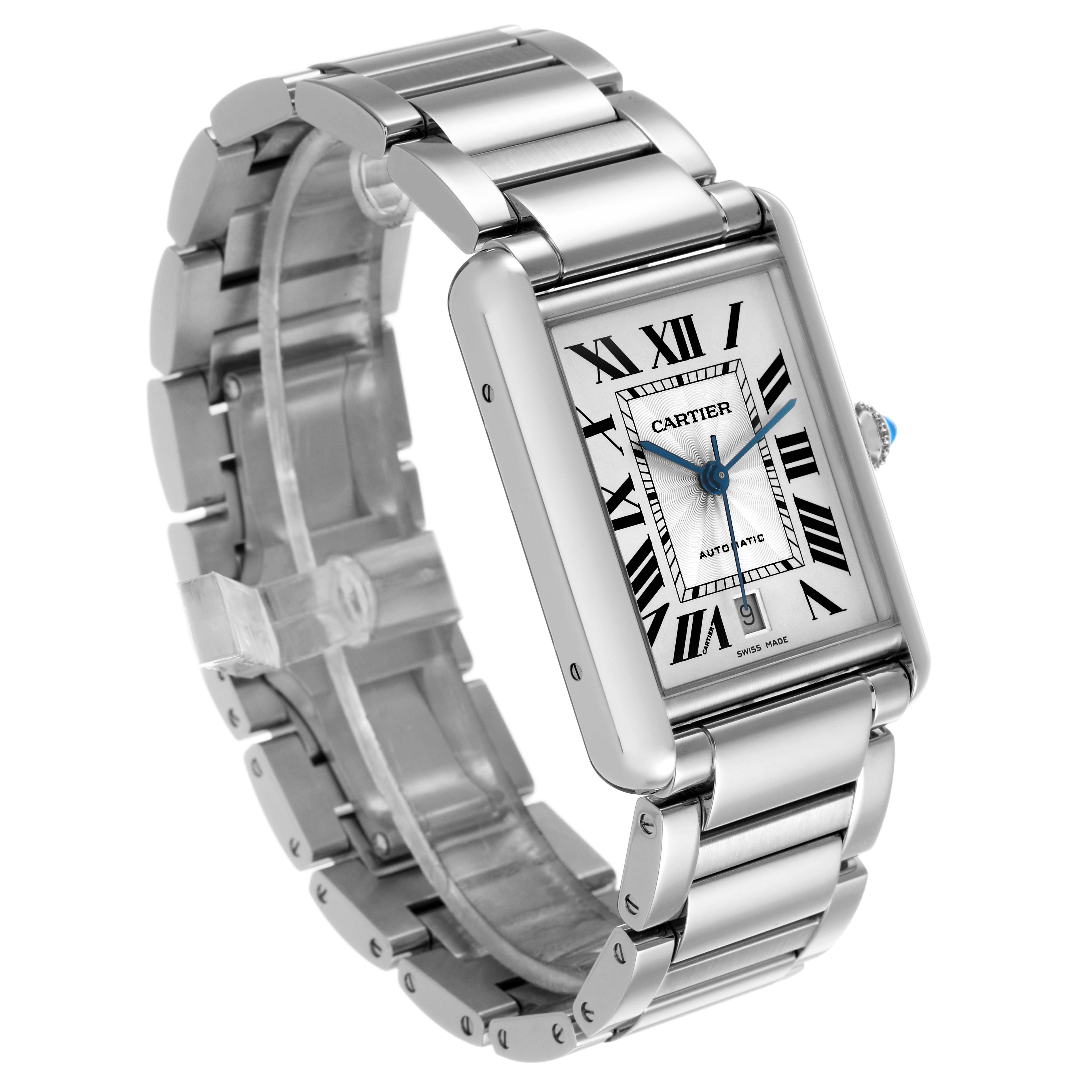 The Cartier Tank Must WSTA0053 Men's Stainless Steel Silver Dial watch is shown at a three-quarter angle, highlighting its rectangular face, Roman numerals, and metal bracelet.