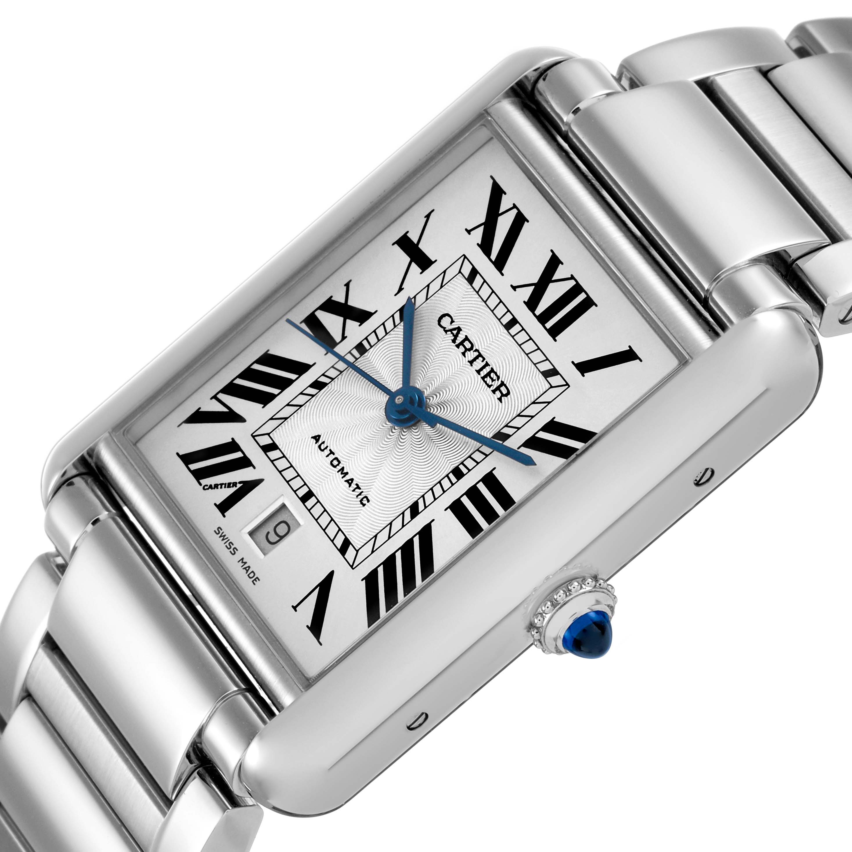 The Cartier Tank Must WSTA0053 Men's Stainless Steel Silver Dial watch is shown at an angle highlighting the face, bracelet, and crown with a blue stone.