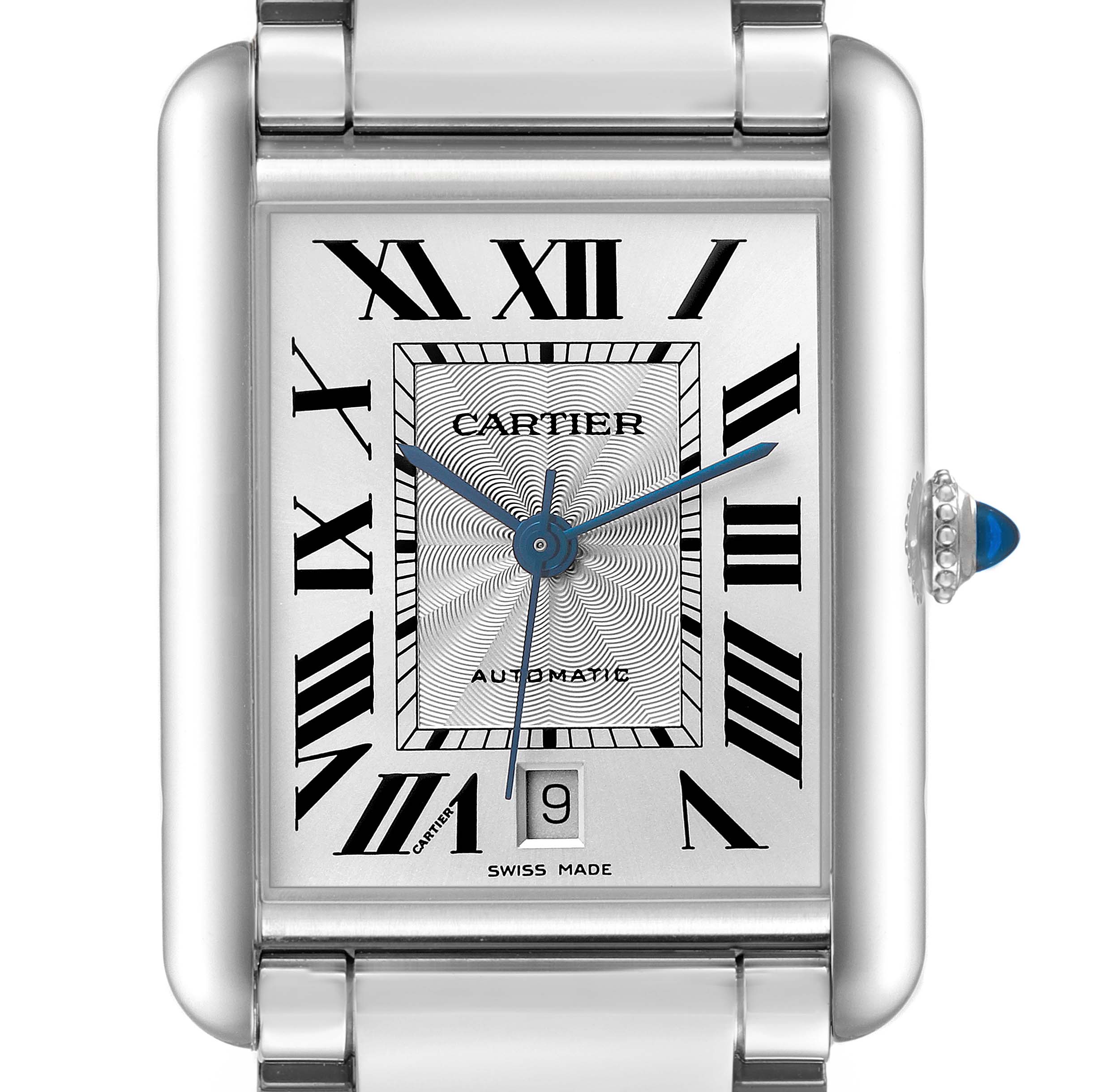 The image shows a frontal view of the Cartier Tank Must WSTA0053 Men's Stainless Steel Silver Dial watch, highlighting the dial, Roman numerals, hands, and crown.